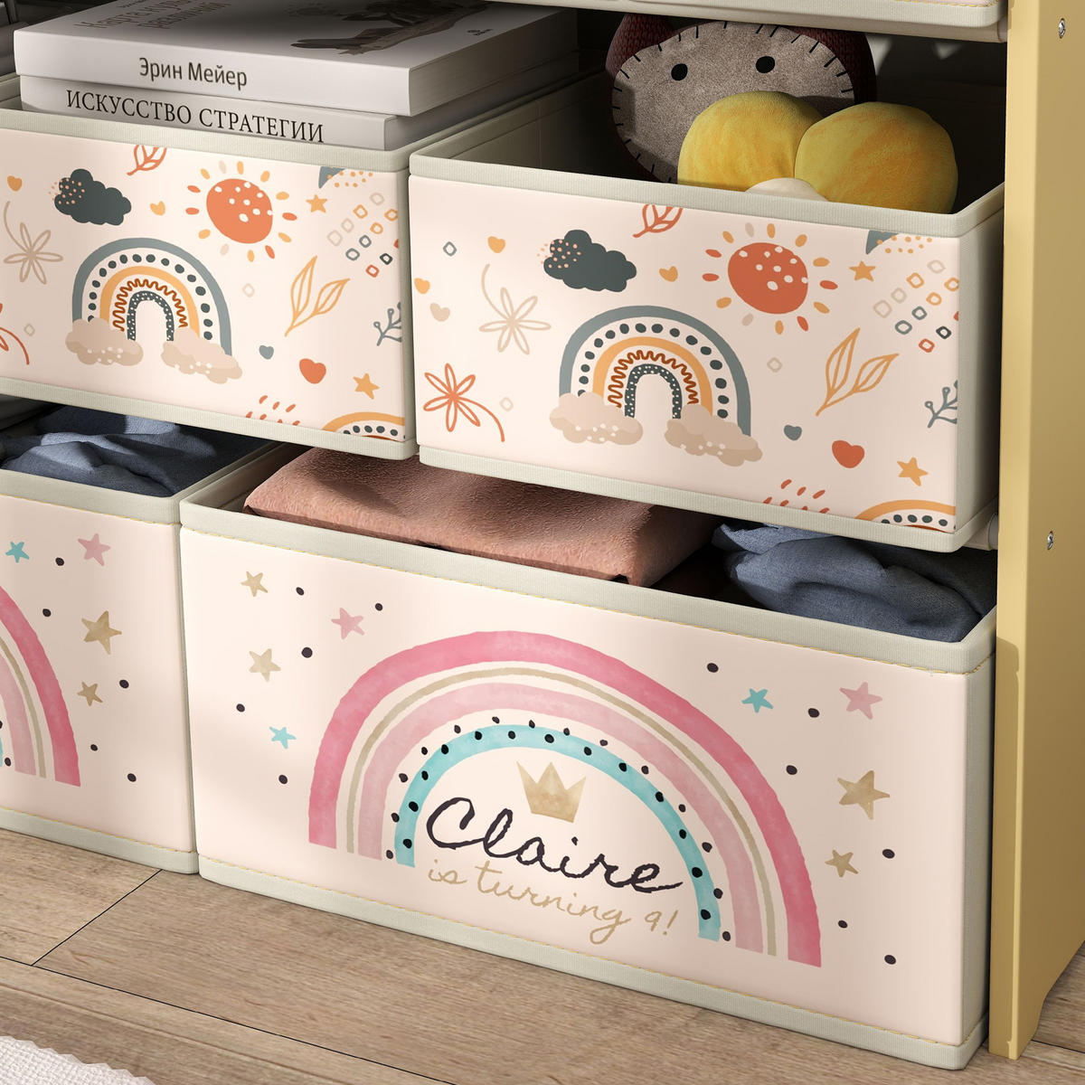 KINDERREGAL DE-17249 3 Ebenen mit 9 Aufbewahrungsboxen Gelb - Gelb, Textil (93/70/30cm) - ComfortXL