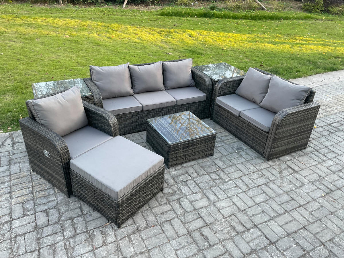 GARTENTISCHGRUPPE Polyrattan Dunkelgrau 7-teilige - Dunkelgrau/Grau, Glas/Kunststoff - Fimous