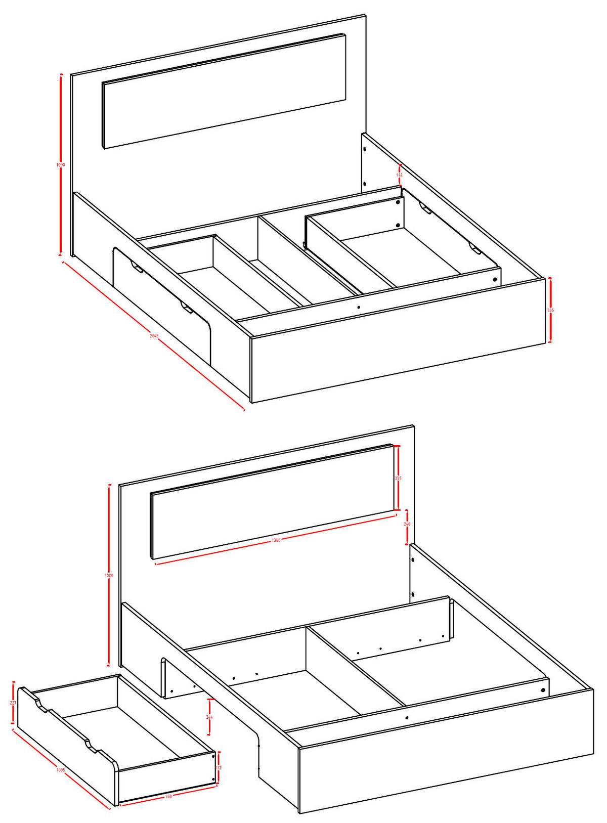 DOPPELBETT Fino weiß 185,6 / 204,4 / 100cm - Weiß, Holz/Holzwerkstoff (180/200cm) - Feldmann-Wohnen
