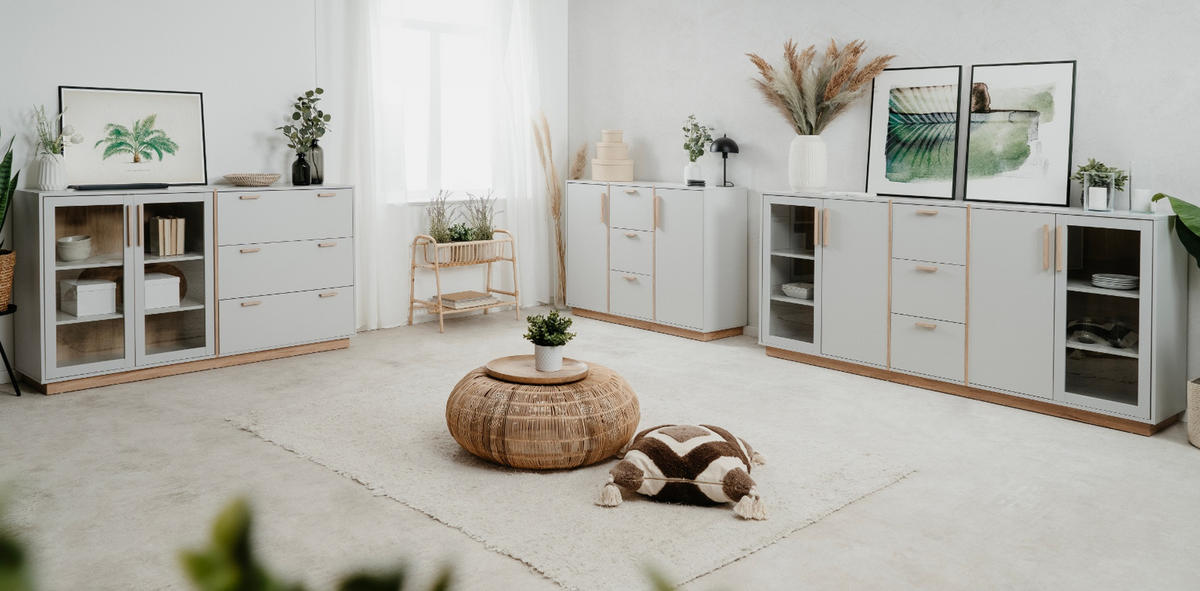 SIDEBOARD grau, Hickory Walnuss 204 cm, Kommode mit viel Stauraum - Walnussfarben/Hellgrau, Glas/Holzwerkstoff (204/94/40cm) - Furn.Design