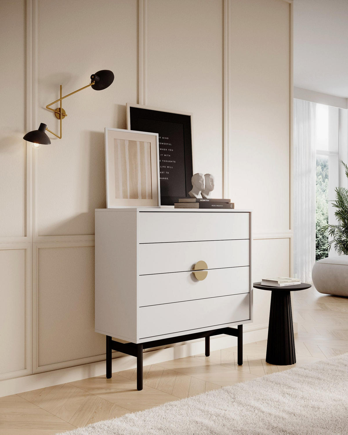 KOMODA Stoon II so 4 zásuvkami 85 cm - čierna/biela, kov/kompozitné drevo (85/92/38cm) - Selsey