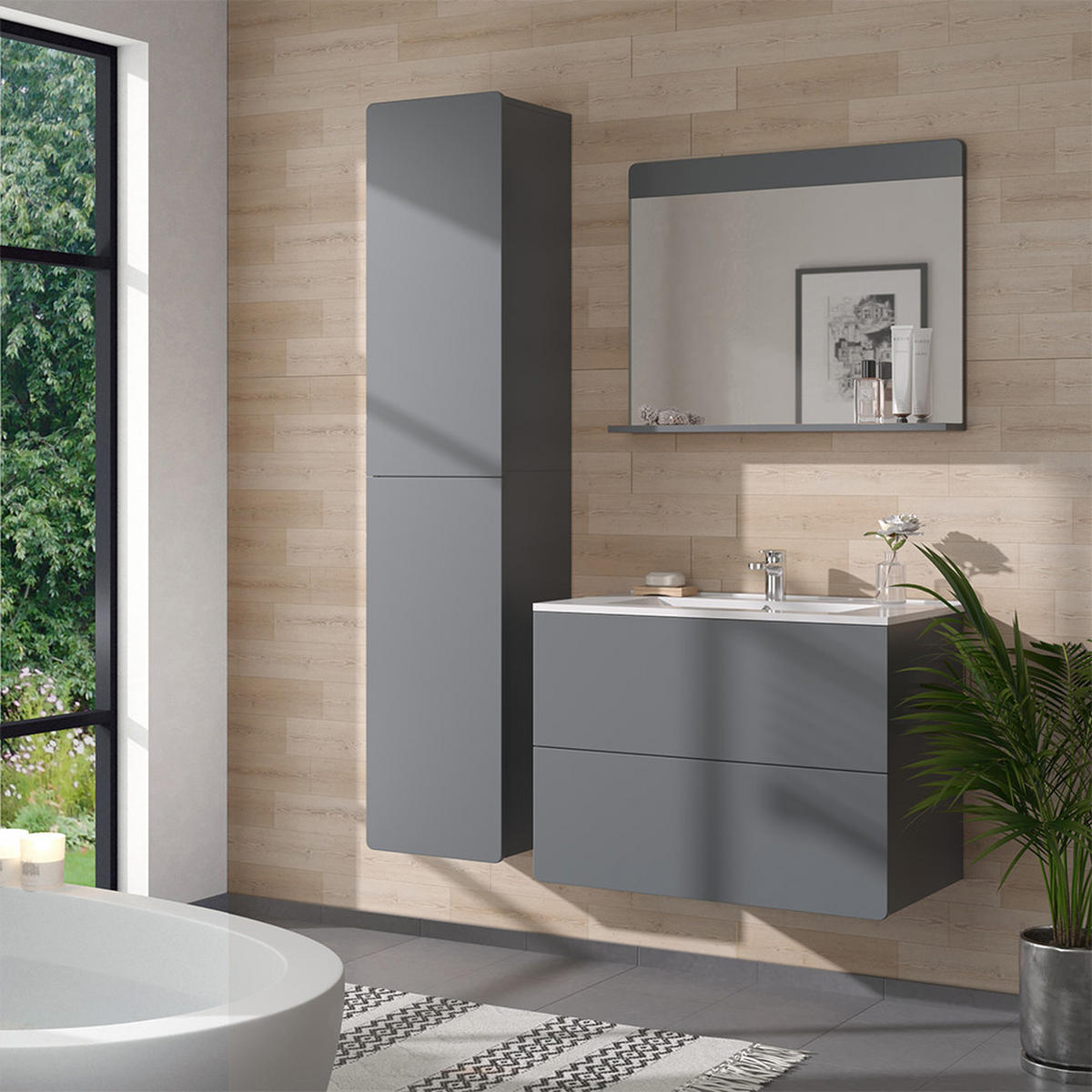 BADMÖBEL-SET Izan Grau 4 Teile mit Hochschrank - Grau, Holzwerkstoff (80/59.3/46cm) - Vicco