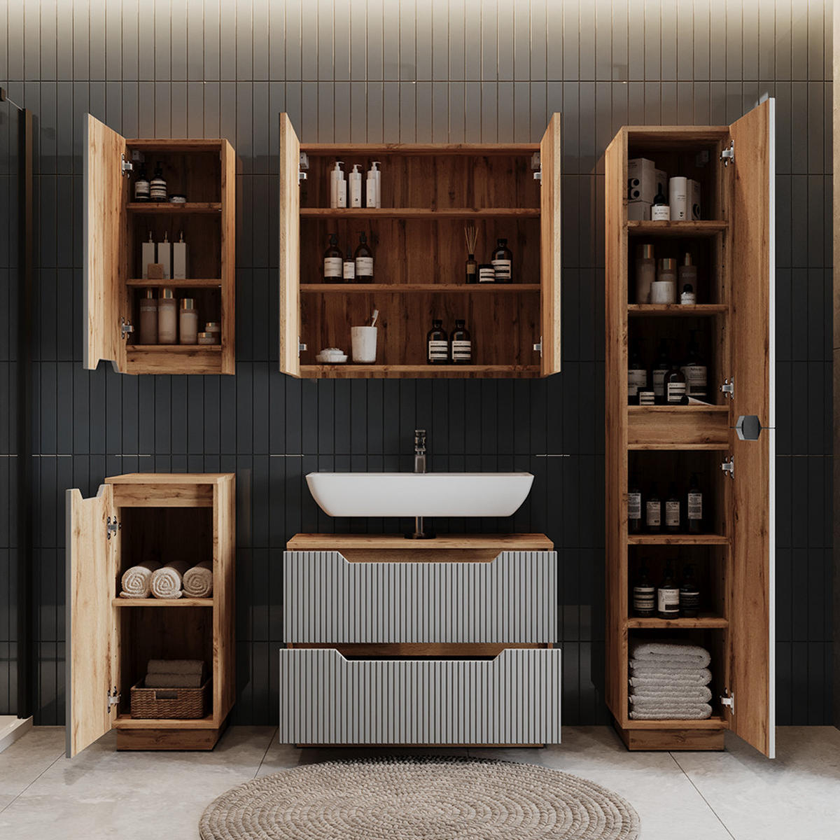 BADMÖBEL-SET Lotta Eiche/grau gestreift 3 Teile - Grau, Holzwerkstoff (79.6/62.5/32cm) - Vicco