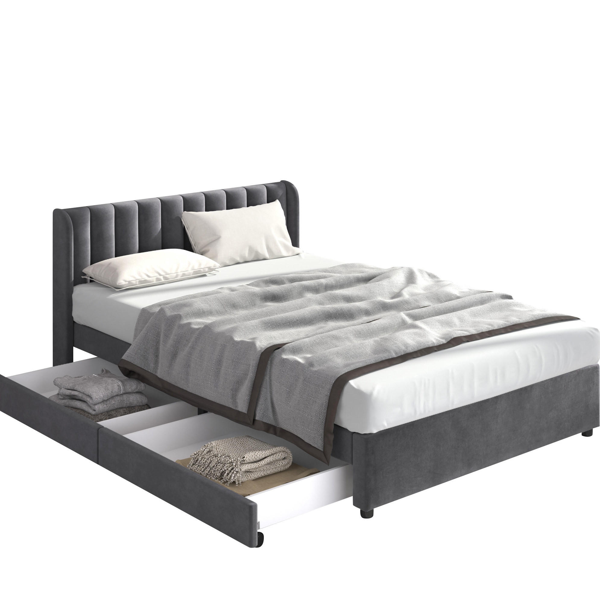 BETT mit 2 Schubladen 160x200 cm Samt Grau - Grau, Holz (160/200cm) - Meubliv