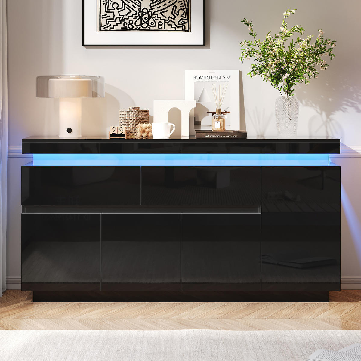 SIDEBOARD DE-37813 mit LED-Beleuchtung und 4 Türen Schwarz - Schwarz, Holzwerkstoff (140/72.5/35cm) - ComfortXL
