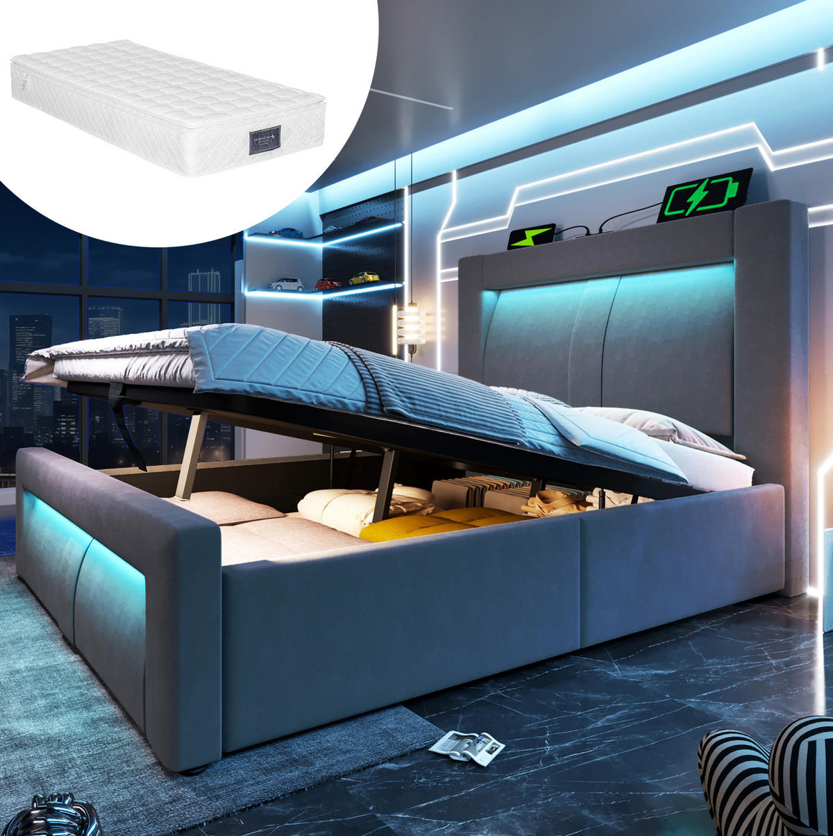 POLSTERBETT 90/200 cm Grau aus Samt mit Stauraum und LED mit Matratze - Grau, Textil (90/200cm) - OKWISH