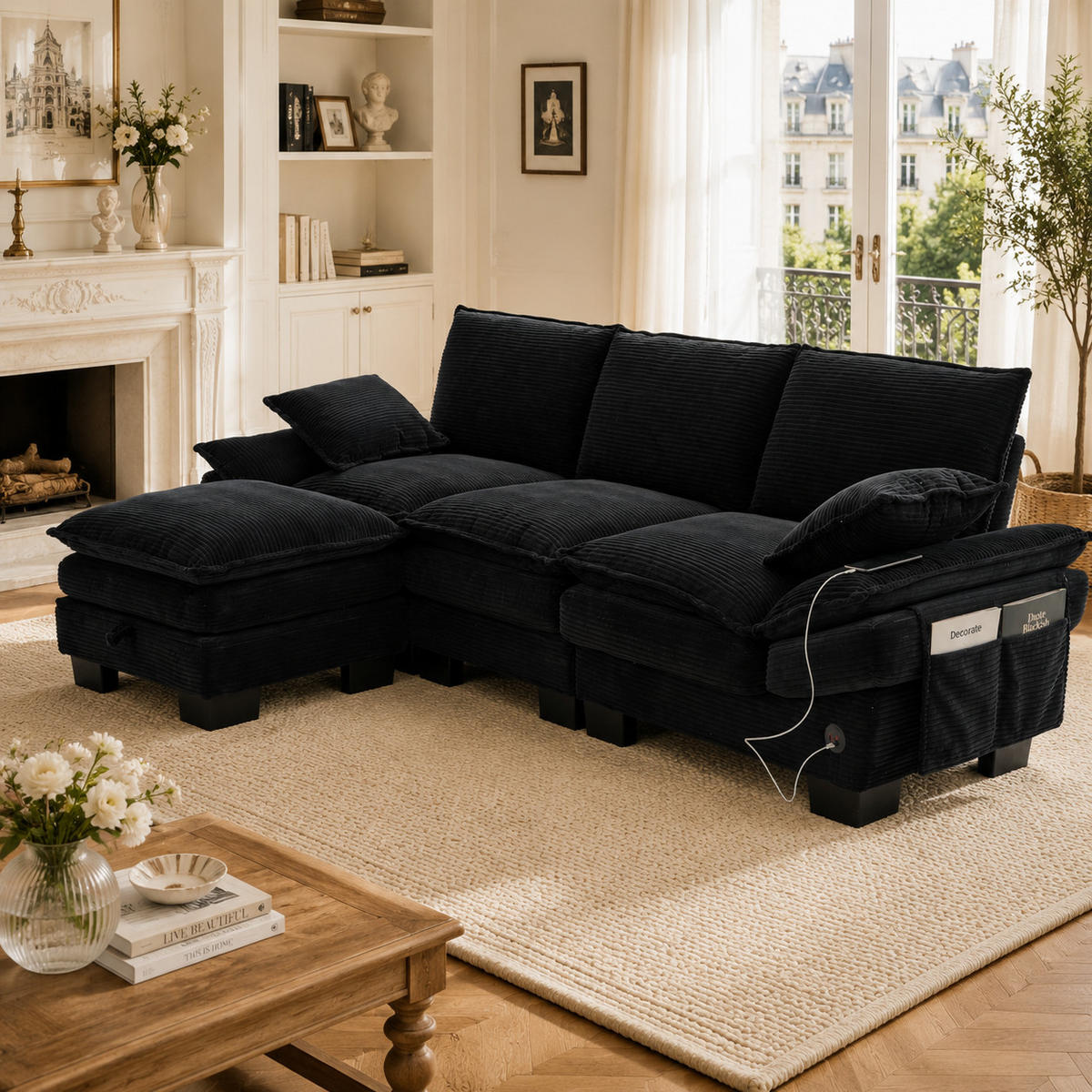 ECKSOFA DE-33750 modular mit Stauraumhocker Schwarz - Schwarz, Metall (260/132cm) - ComfortXL