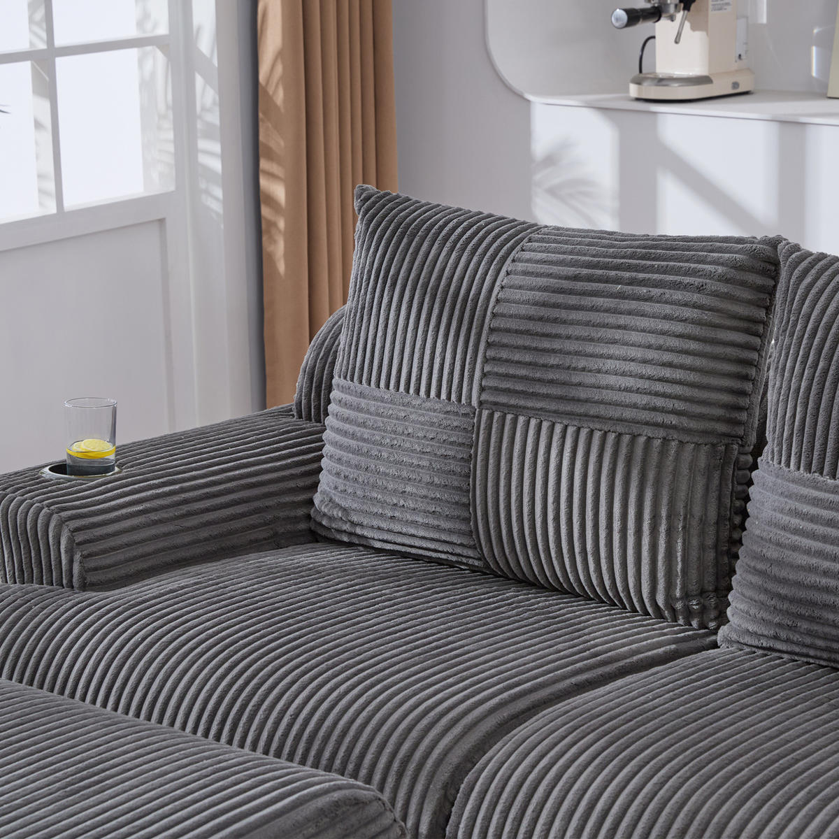 SOFA 200/174/80 cm in Dunkelgrau modular mit Cupholder und Seitentasche - Dunkelgrau, Textil (174/80/200cm) - Flora Grace
