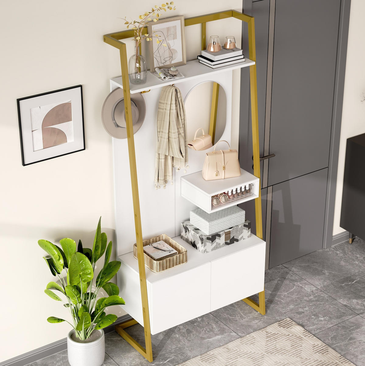 DIELENGARDEROBE mit Spiegel und Schuhablage in Weiß 78/38,5/180,5 cm - Weiß, Holzwerkstoff (38.5/180.5/78cm) - BEAOK