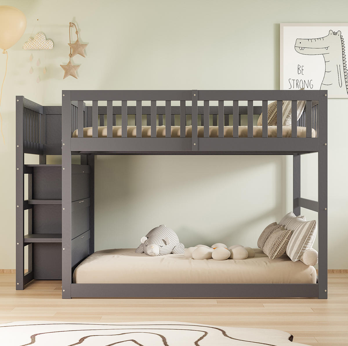 NIEDRIGES Etagenbett aus Kiefernholz 140x200 cm Grau mit 4 Schubladen und Sicherheitstreppe - Grau, Holzwerkstoff (140/200cm) - IVMEU