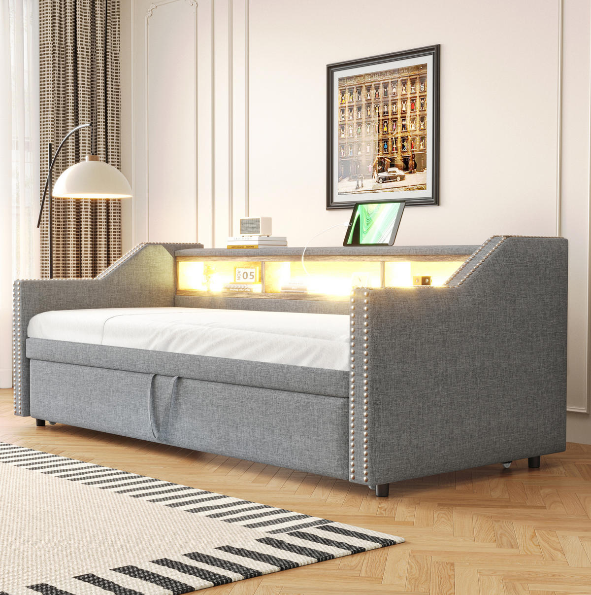 AUSZIEHBETT 90/180×190 cm Hellgrau mit LED-Beleuchtung und USB-Anschluss - Hellgrau, Textil (90/190cm) - Flora Grace