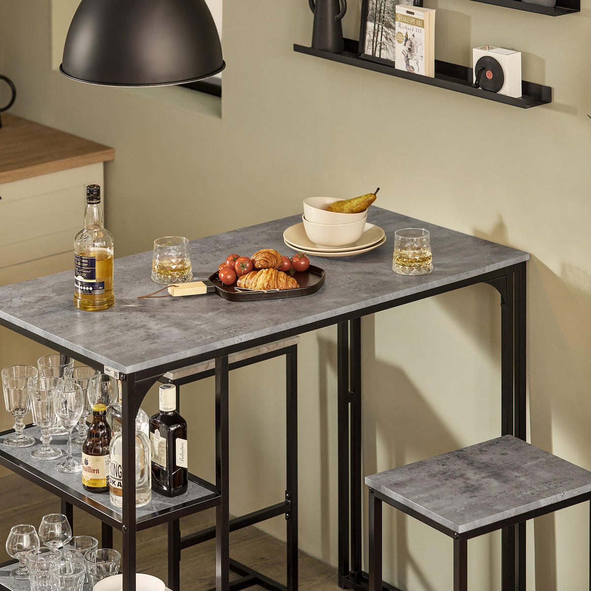 BARTISCH + 2 x BARSTÜHLE - Hellgrau, Holzwerkstoff/Metall (110/97/61cm) - SoBuy
