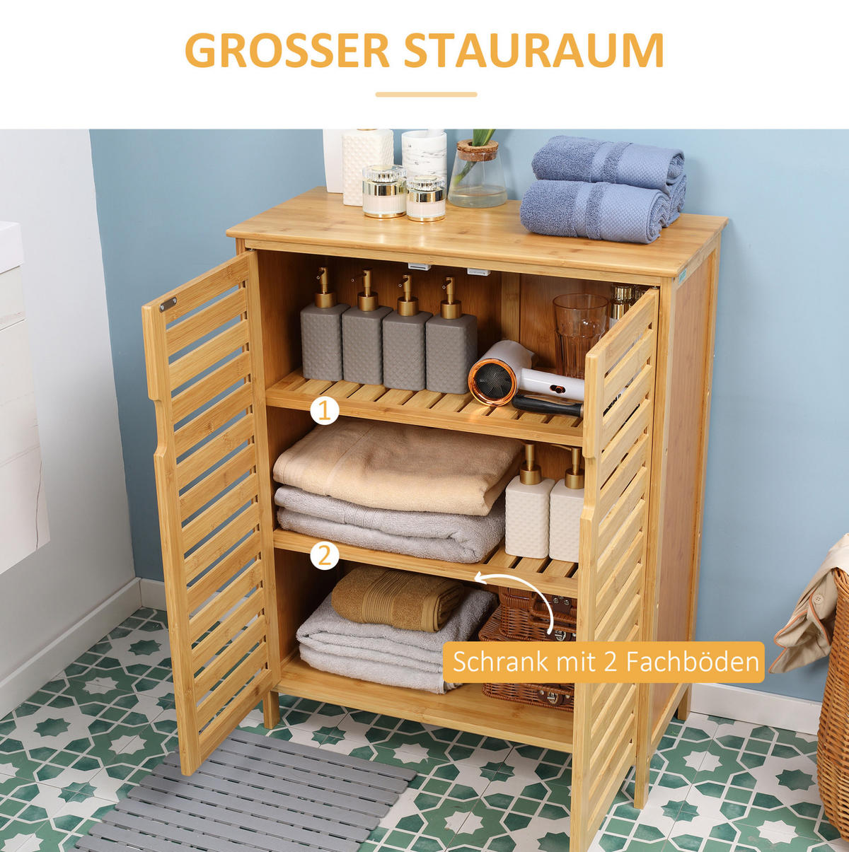 BADEZIMMERSCHRANK 68x32x86 cm Natur aus Bambus mit Doppeltür & Kippsicherung - Naturfarben, Naturmaterialien (68/86/32cm) - Modfu