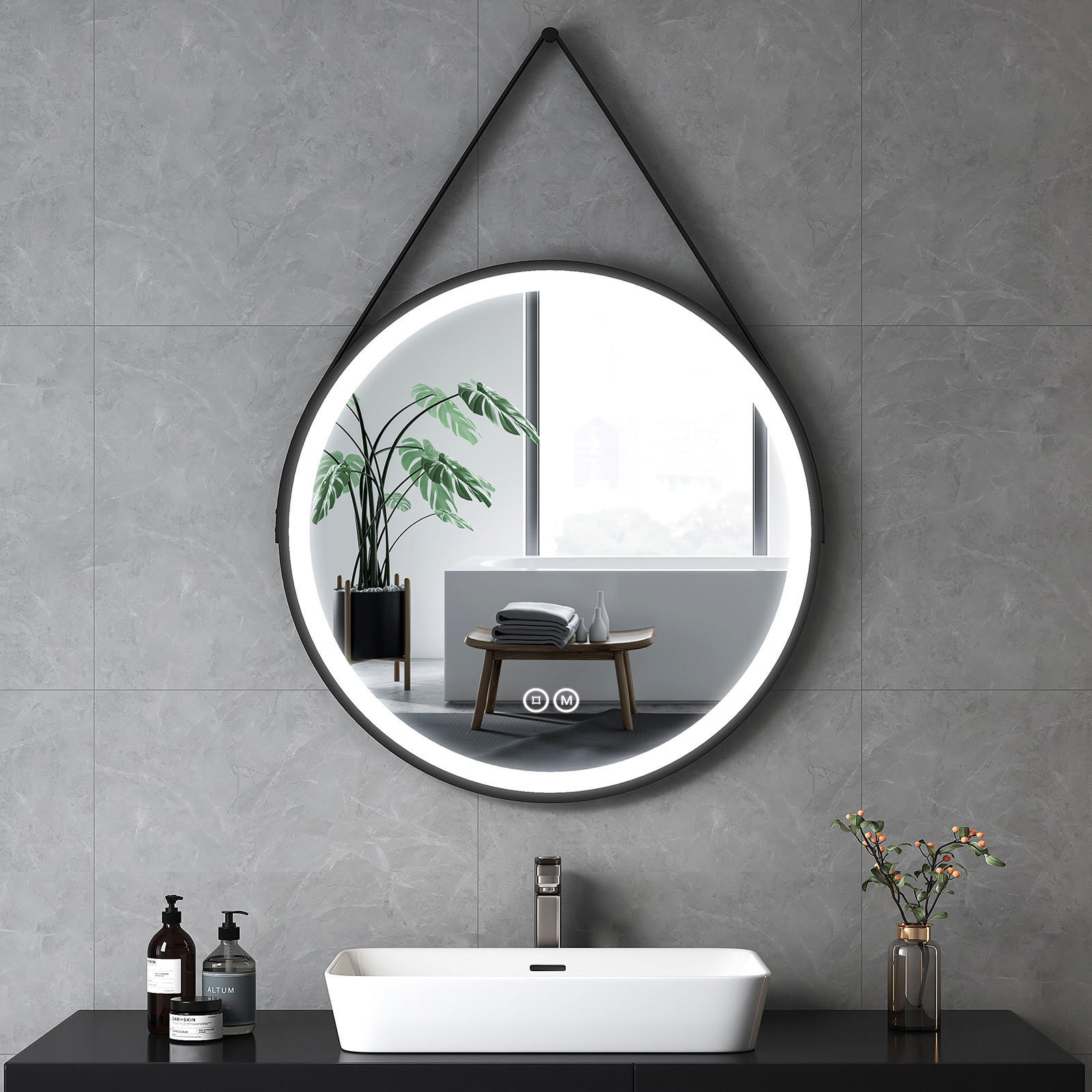 BADSPIEGEL Rund mit Touch-Schalter Beleuchtung mit Hängeriemen Schwarz ф80 cm - Schwarz, Glas (80/3/80cm) - EMKE
