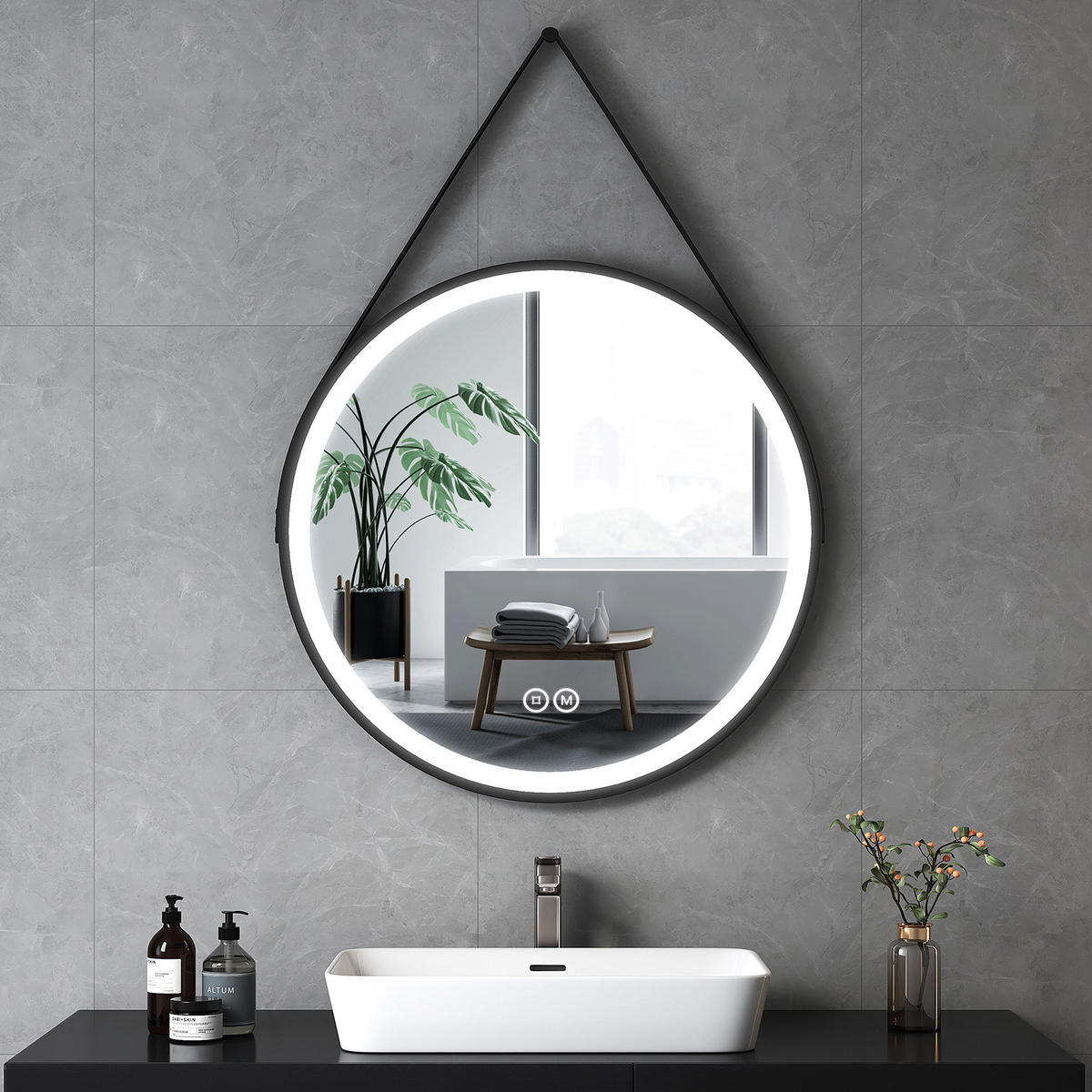 BADSPIEGEL Rund mit Touch-Schalter Beleuchtung mit Hängeriemen Schwarz ф80 cm - Schwarz, Glas (80/3/80cm) - EMKE