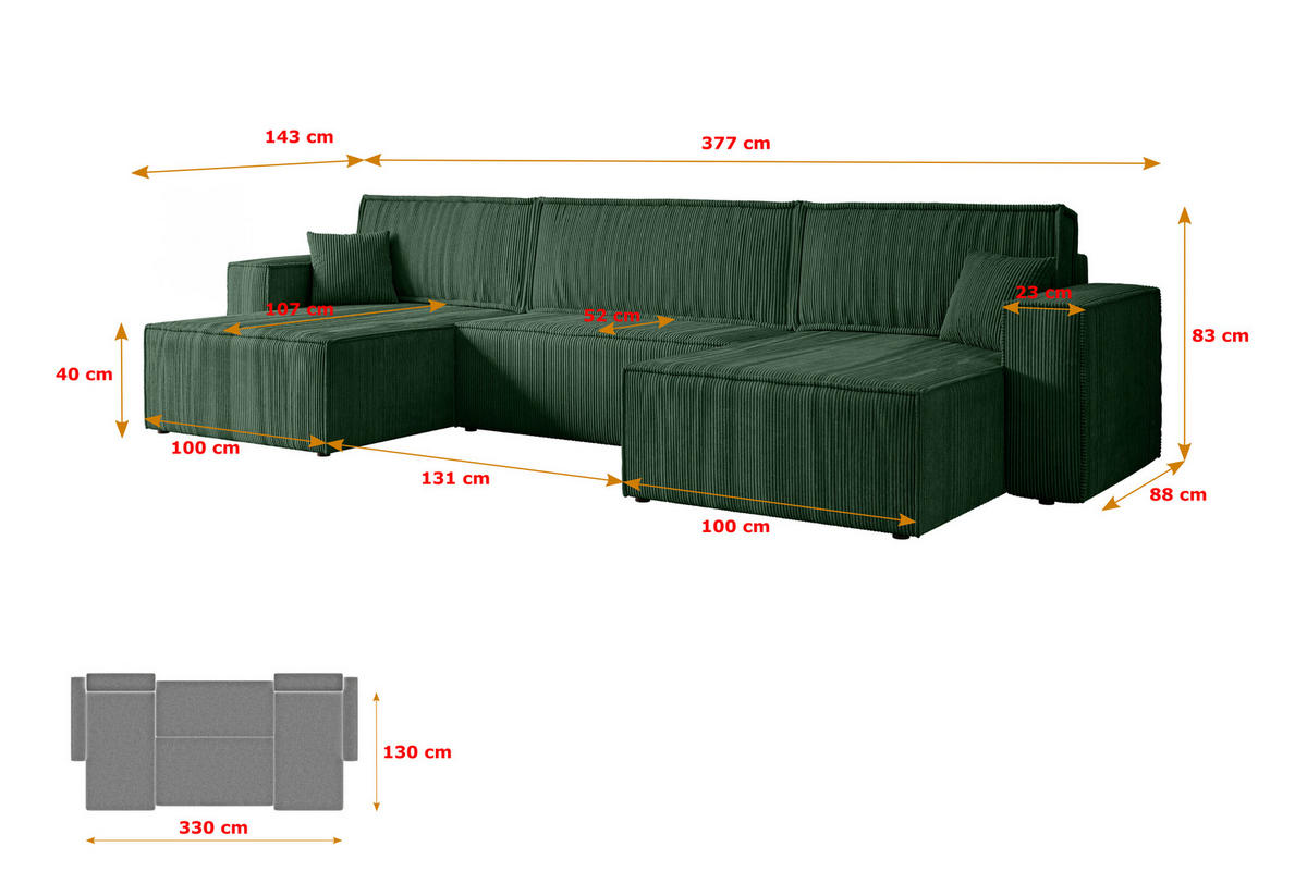 WOHNLANDSCHAFT mit Schlaffunktion und Bettkasten CELTIC-XLU - 377x143x83 cm Grün Cord - Schwarz/Grün, Holzwerkstoff/Kunststoff (377/83/143cm) - ALTDECOR