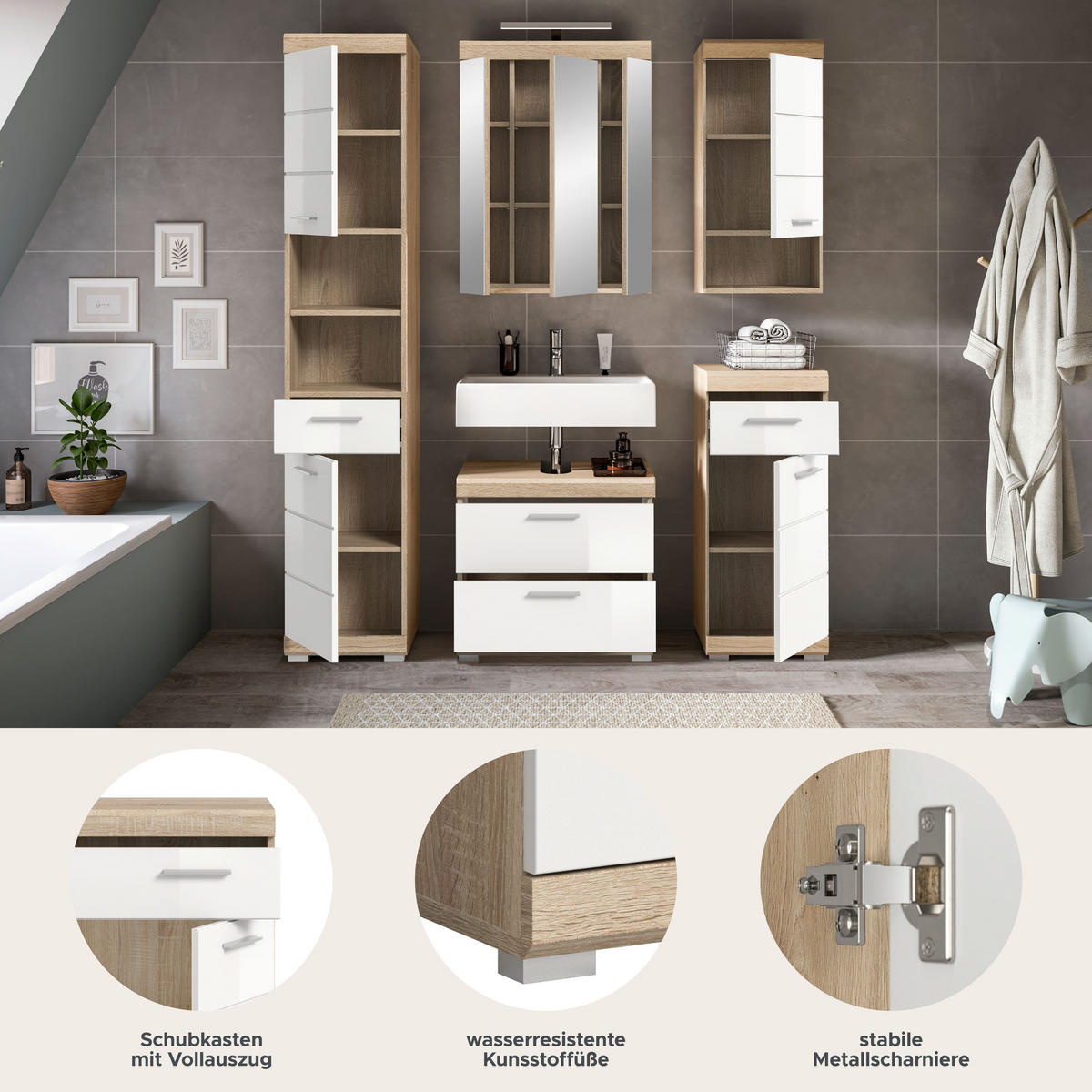 BADKOMBINATION 5tlg. Lambada Bad in Sonoma Eiche hell und weiß hochglanz B/H/T: 164x191x34 cm - Sonoma Eiche, Holz (164/191/37cm)