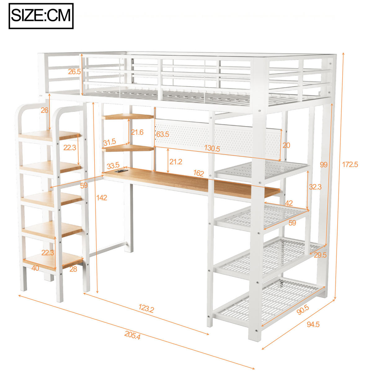 HOCHBETT 90/200 cm aus Metall und Holzwerkstoff mit Schreibtisch und LED-Beleuchtung Weiß - Weiß, Metall (90/200cm) - Modenvie
