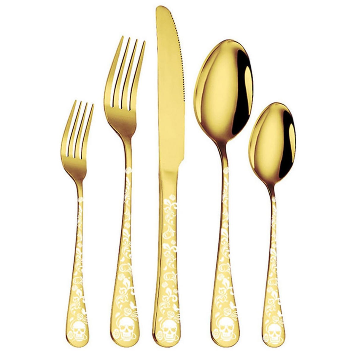 BESTECKSET mit Totenkopfmuster für 4 Personen, 20-teiliges Edelstahl - Goldfarben, Metall - Kaket
