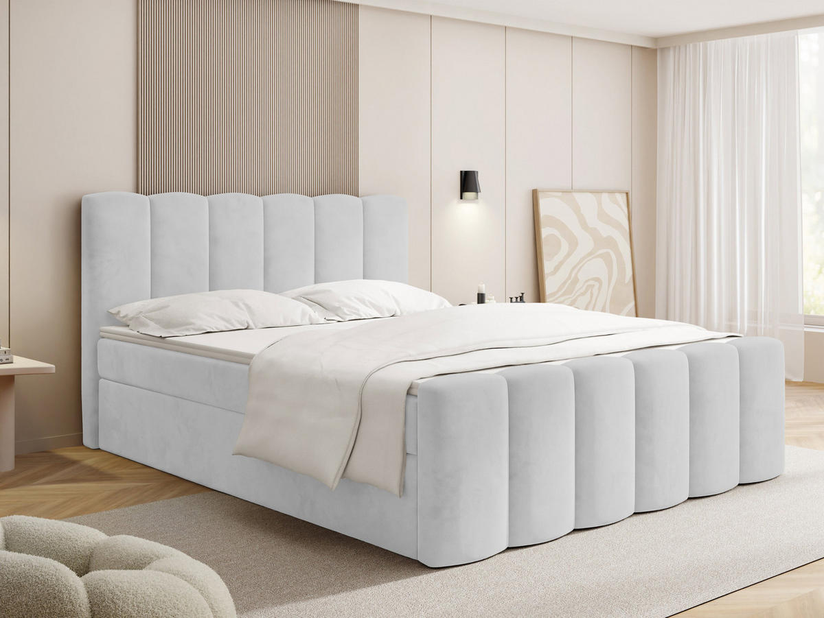 BOXBETT Serenity mit Bettkasten, Samt Hellgrau 140x200 cm – inkl. H4 Taschenfederkern Matratze & Foam Topper - Hellgrau/Schwarz, Holz/Holzwerkstoff (140/200cm) - WFL GROUP