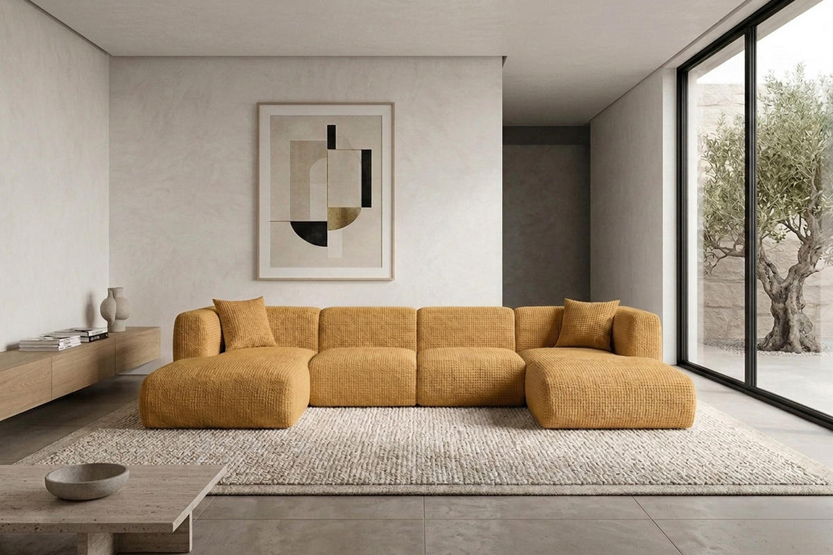 ECKSOFA U-Form, Chenille-Stoff Cremona, Golden, GRETA - Goldfarben, Holz (408/70/179cm) - Kaiser Möbel