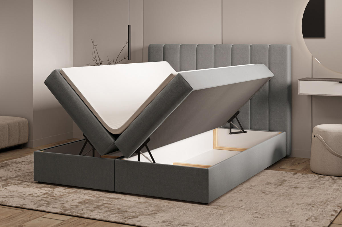 BOXBETT 01 140 x 200 cm - Manila – Stilvoll und bequem Mit Bettkasten, PU-Topper, Federmechanismus, waschbarer Bezug - Graphitfarben, Holz (140/200cm) - ROYAL24_MARKT