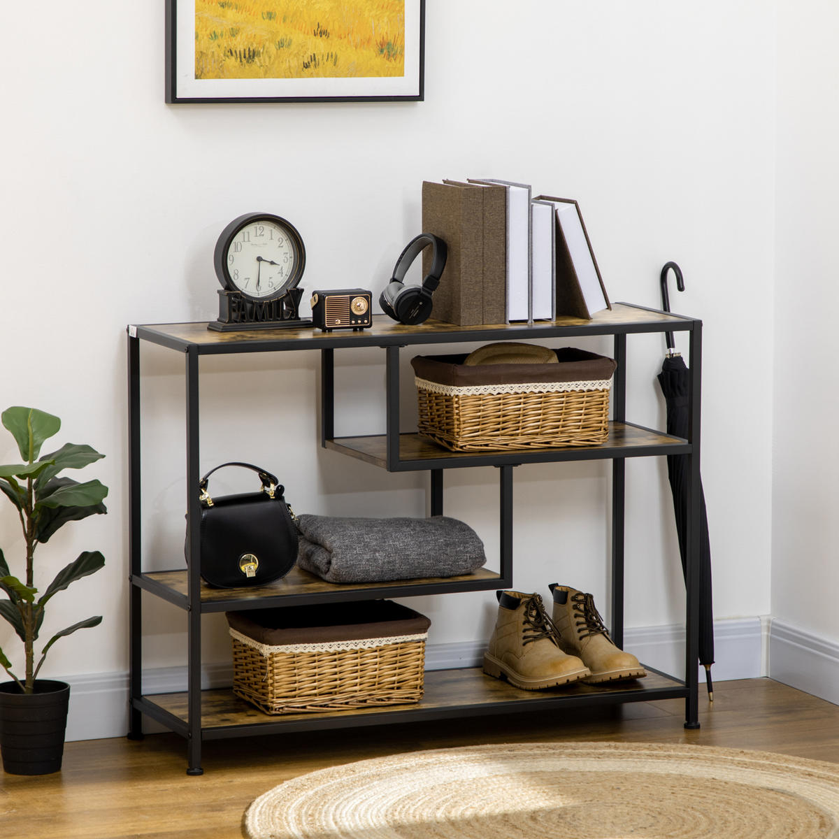 KONSOLENTISCH Flurtisch mit 4 Ebenen Stahlbeine für Diele Braun 99,6x33,6x74cm - Braun, Holzwerkstoff/Metall (99.6/33.6/74cm) - HOMCOM