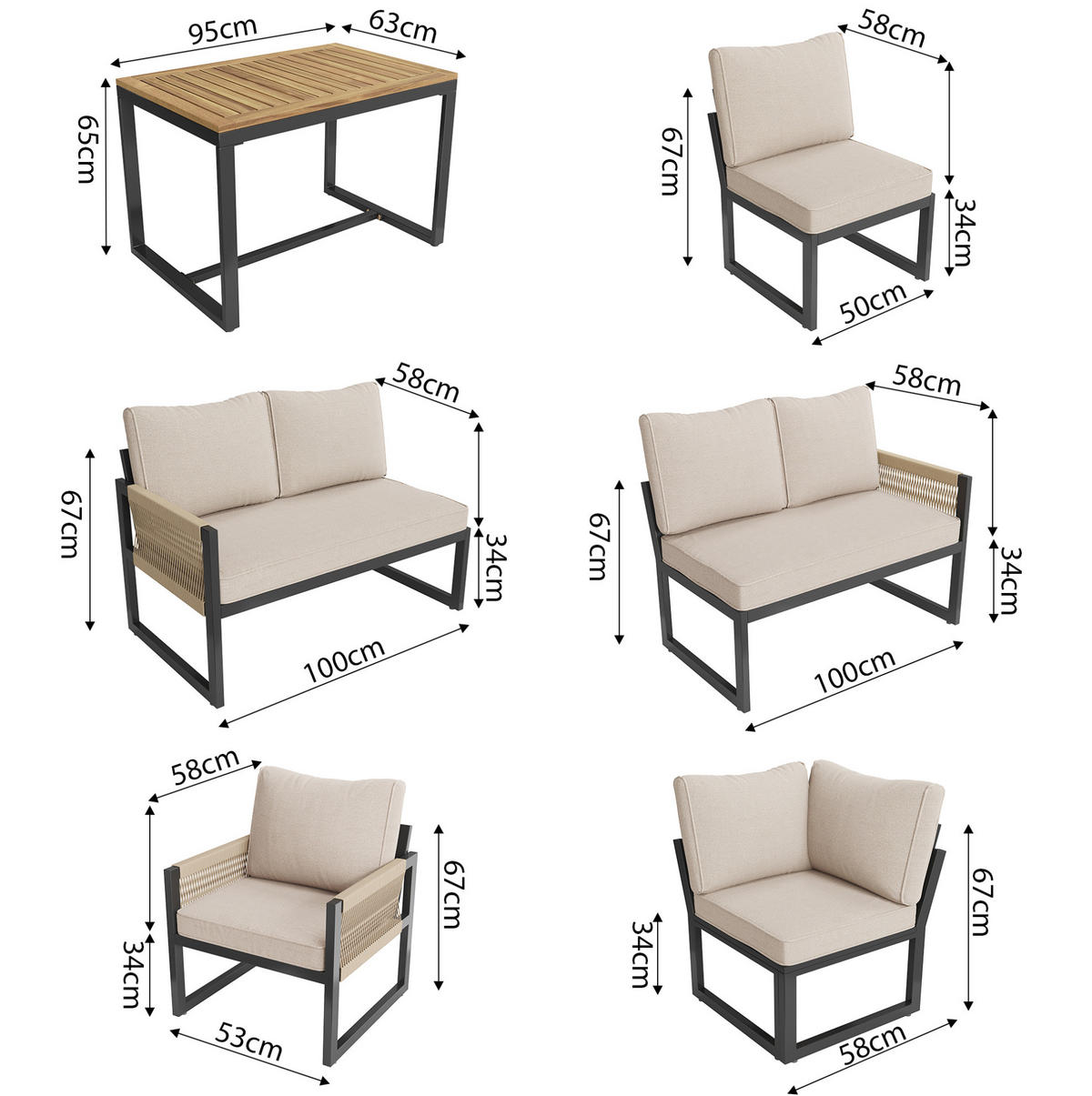 ZAHRADNÍ jídelní set z kovu a polyesteru 95x63x65 cm béžový modulární s polstry 8 cm a ručně tkanými lany - béžová, kov - Modfu