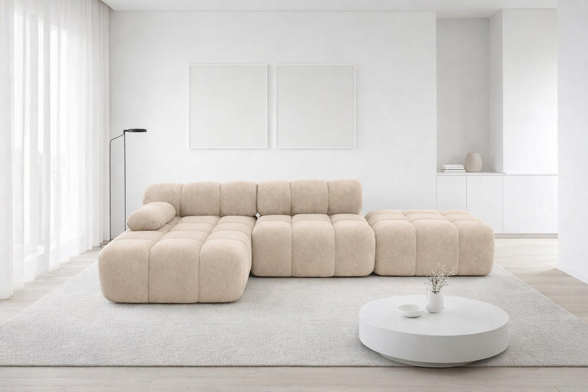 ECKSOFA L-Form Modular Mit Hocker, Veloursstoff Salvador, Beige, Links, Selia - Beige, Holz (285/160cm) - Kaiser Möbel