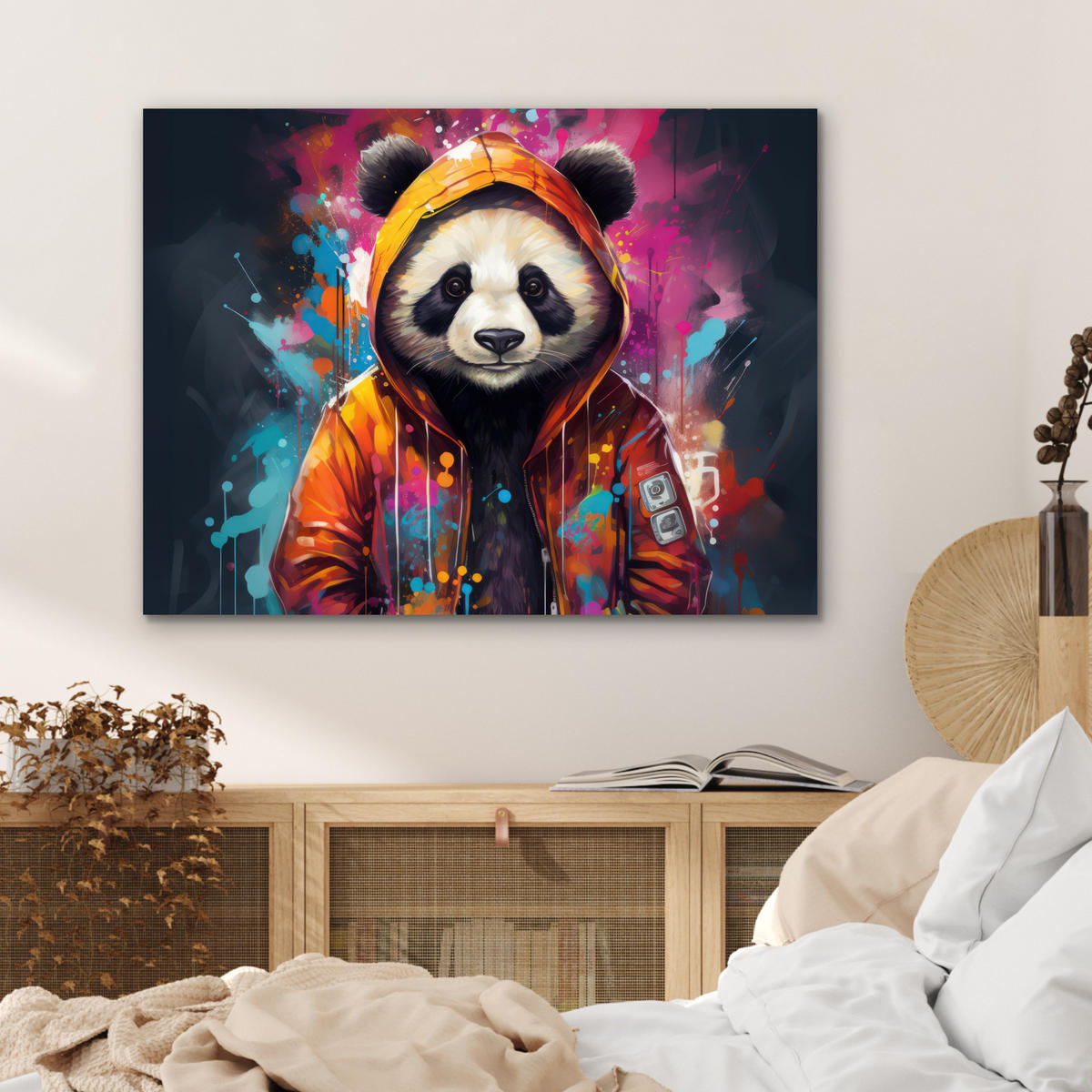 METALLBILD Panda - Jacke - Graffiti - Orange 80x60 cm - Orange, Metall (80/60cm) - MuchoWow