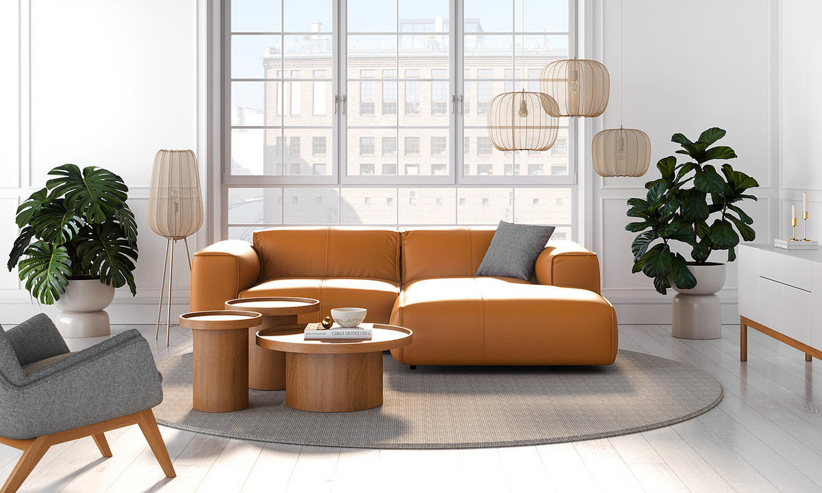 ECKSOFA mit XL-Longchair - Cognac/Schwarz, Leder/Kunststoff (260/171cm) - home24