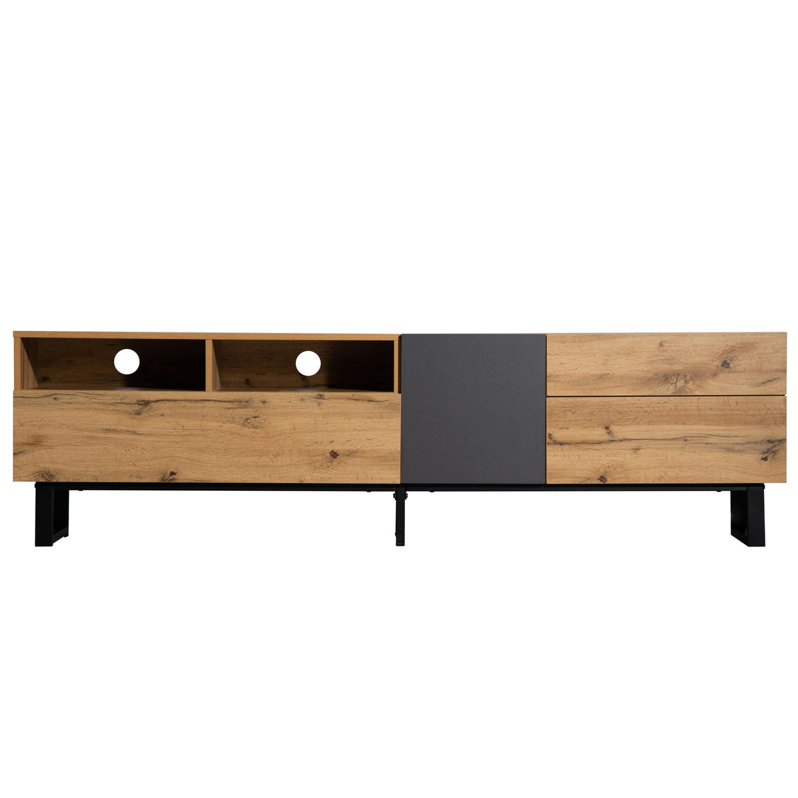 TV Lowboard 180x38x50 cm, Holzmaserung, Eiche - Schwarz, Holz (180/50/38cm)