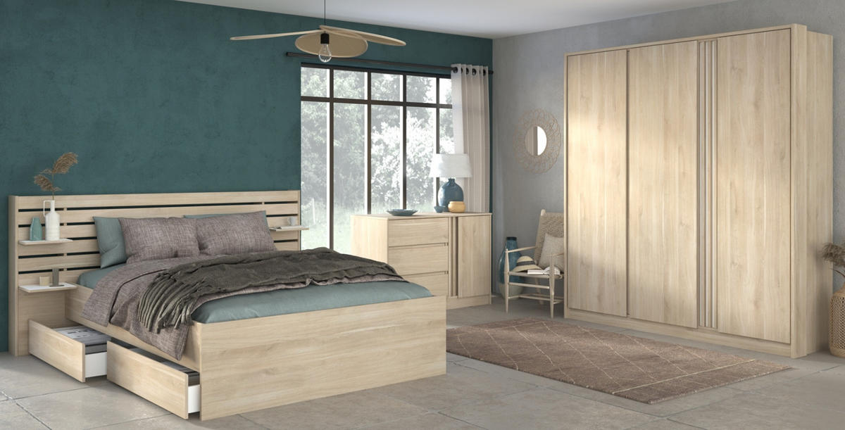 SCHLAFZIMMER-SET 3-teilig Eiche japanisch, Komplettset mit Bett 180 x 200 cm - Eichefarben, Holzwerkstoff/Metall (236/203/217cm) - Parisot Meuble