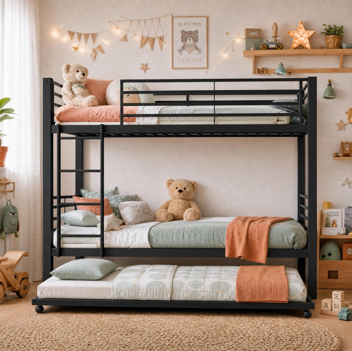 ETAGENBETT Metall 90x200 cm Schwarz mit Ausziehbett platzsparendes Kinderbett für 3 Personen - Schwarz, Metall (90/200cm) - Modfu