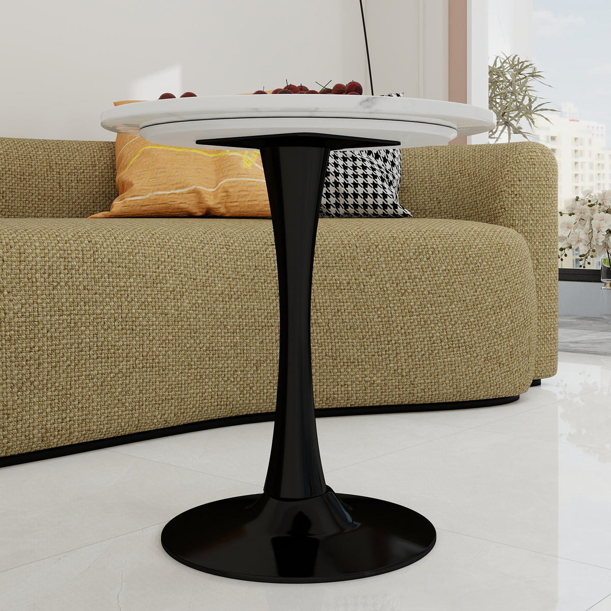 COUCHTISCH 70 cm in Schwarz/Weiß aus Kunstmarmor, rund und modern - Weiß, Stein (70/70/72cm) - Flora Grace