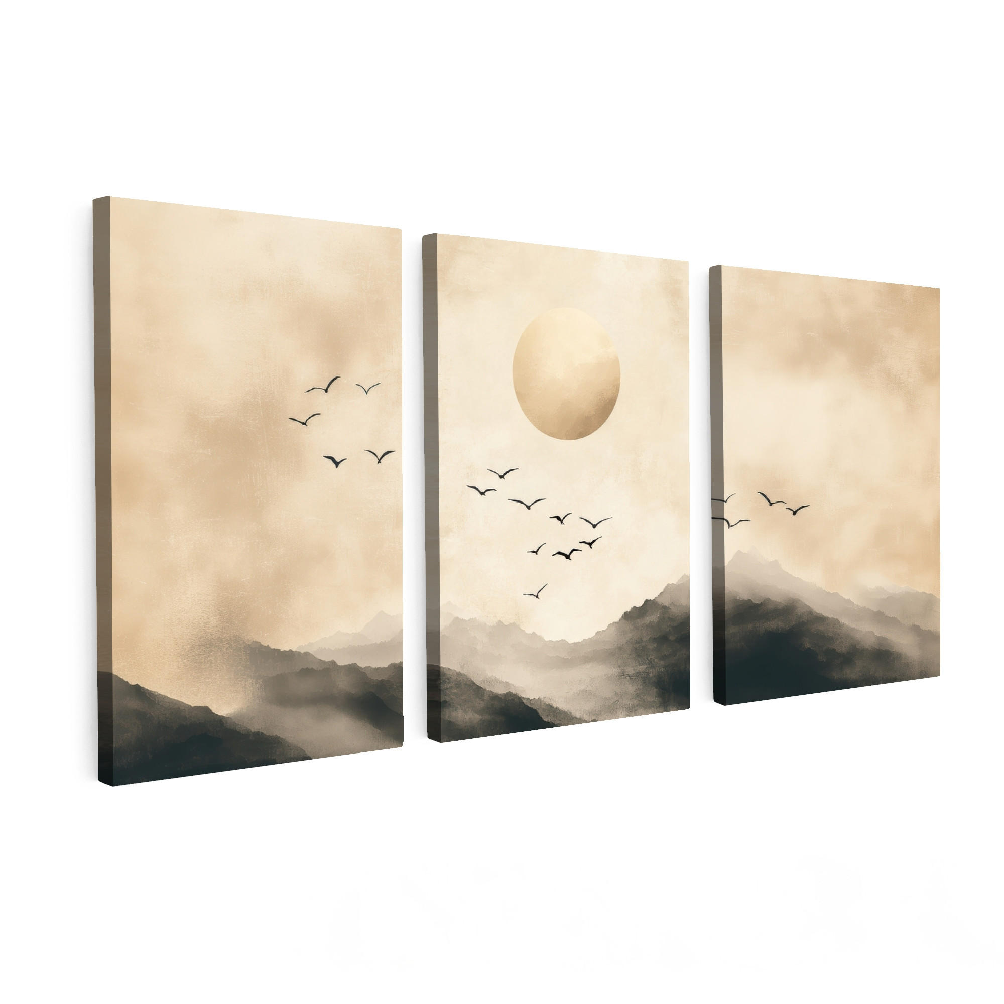OBRAZ NA PLÁTNĚ 3dílná sada Krajina - Japonsko - Béžová - Ptáci 120x60 cm - béžová, textil (120/60cm) - MuchoWow