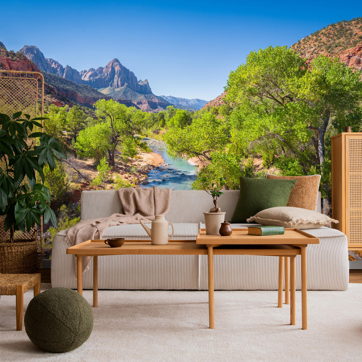 FOTOTAPETE für Esszimmer Virgin River Bäume Felsen Berge Natur 400x280 - Türkis/Blau, Papier (400/280cm) - Muralo