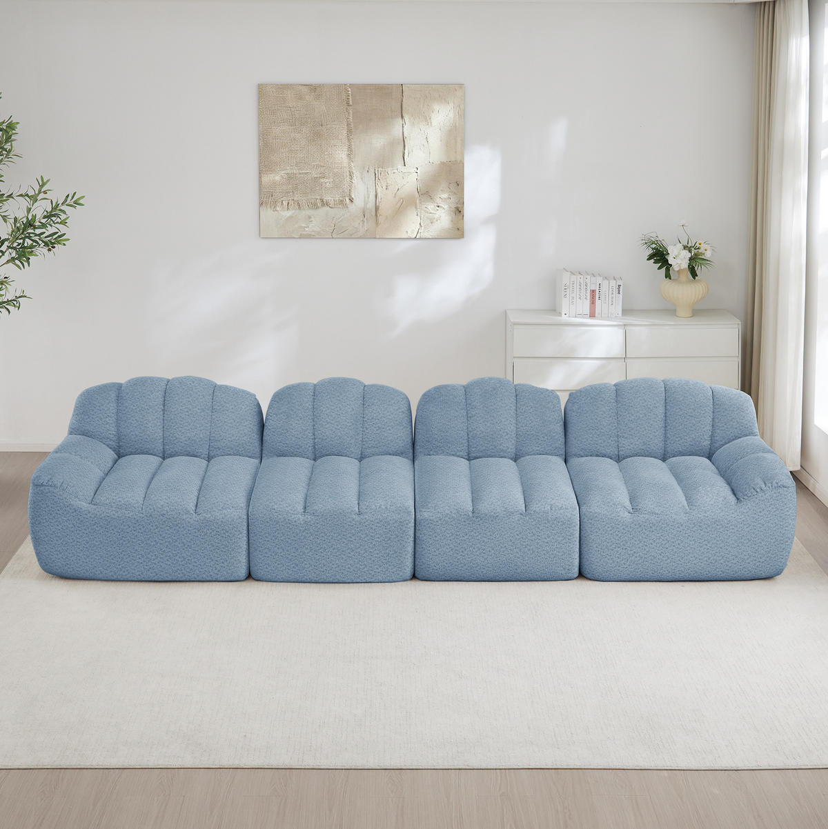 MODULARES 4-Sitzer-Sofa aus granuliertem Fleece mit ergonomischer Muschelform Blau - Blau, Textil (104/79/366cm) - Modenvie