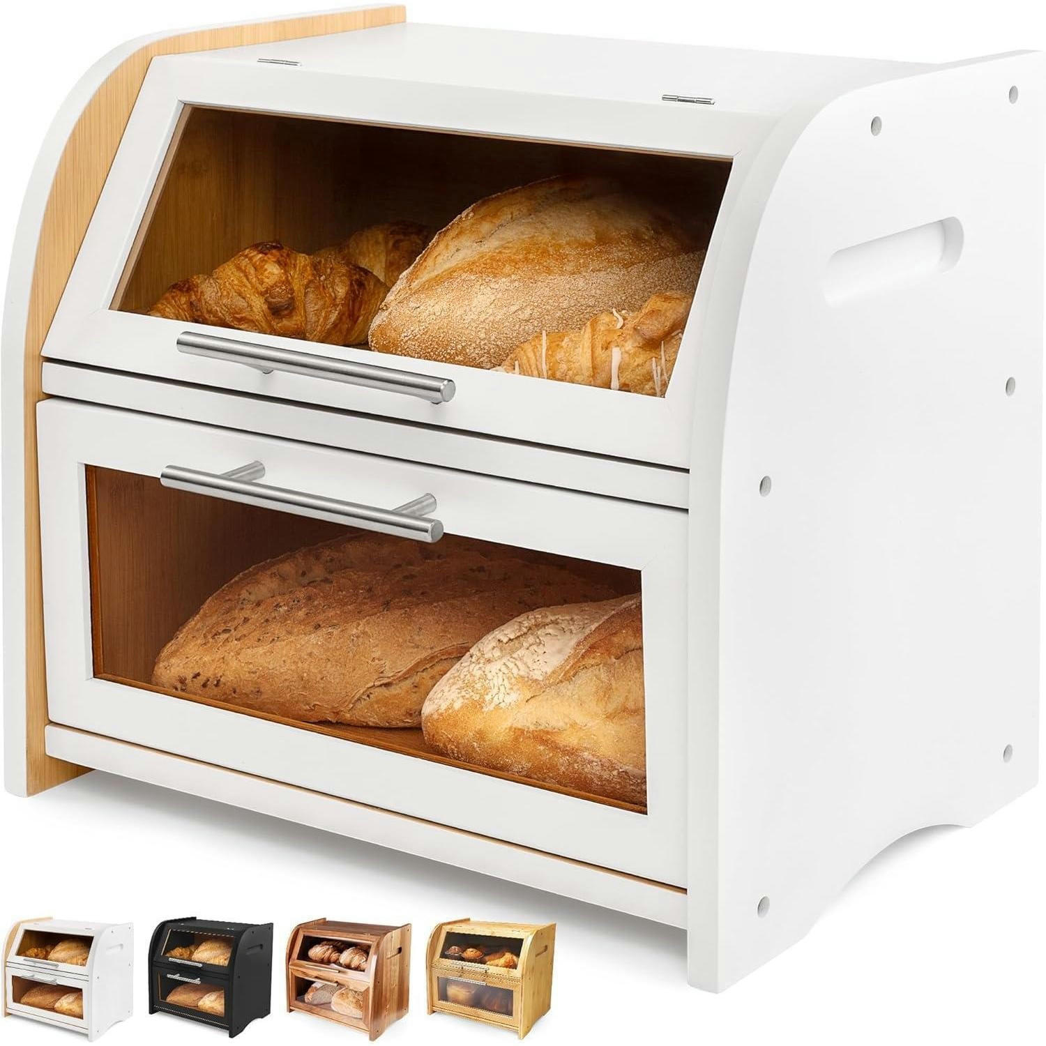 BROTKASTEN Bambus Weiß mit Sichtfenster und 2 Regalen - Weiß, Naturmaterialien (12/7/16cm)