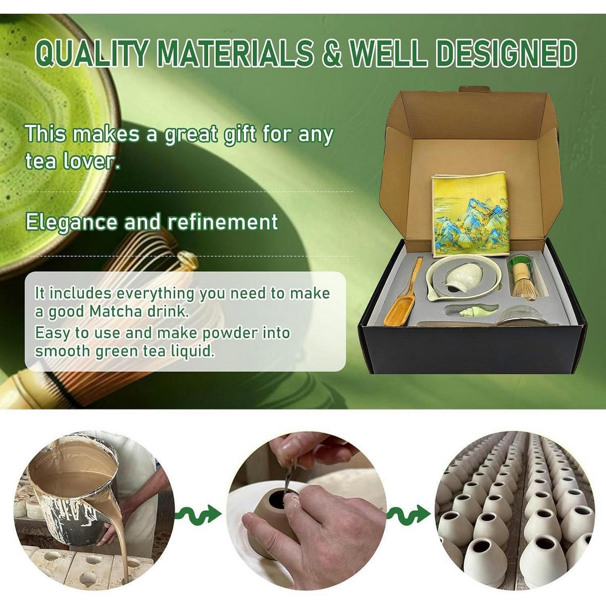 MATCHA Tee Set 9-teiliges Set mit Schale und Besen - Grün, Keramik (16/7/30cm)