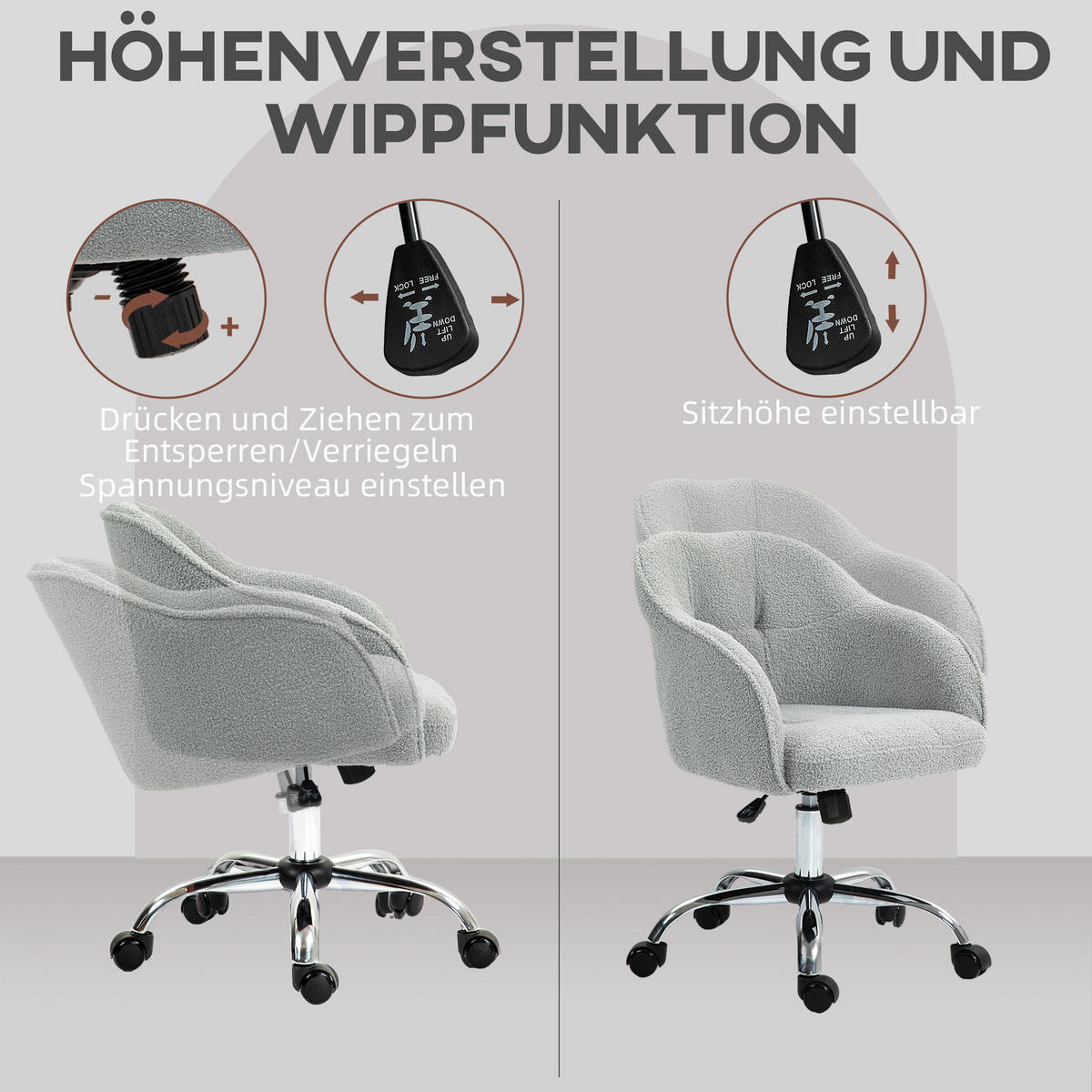 BÜROSTUHL DE-05175 Wippfunktion mit Teddysamtoptik Grau - Grau, Metall (61/86/56cm) - ComfortXL
