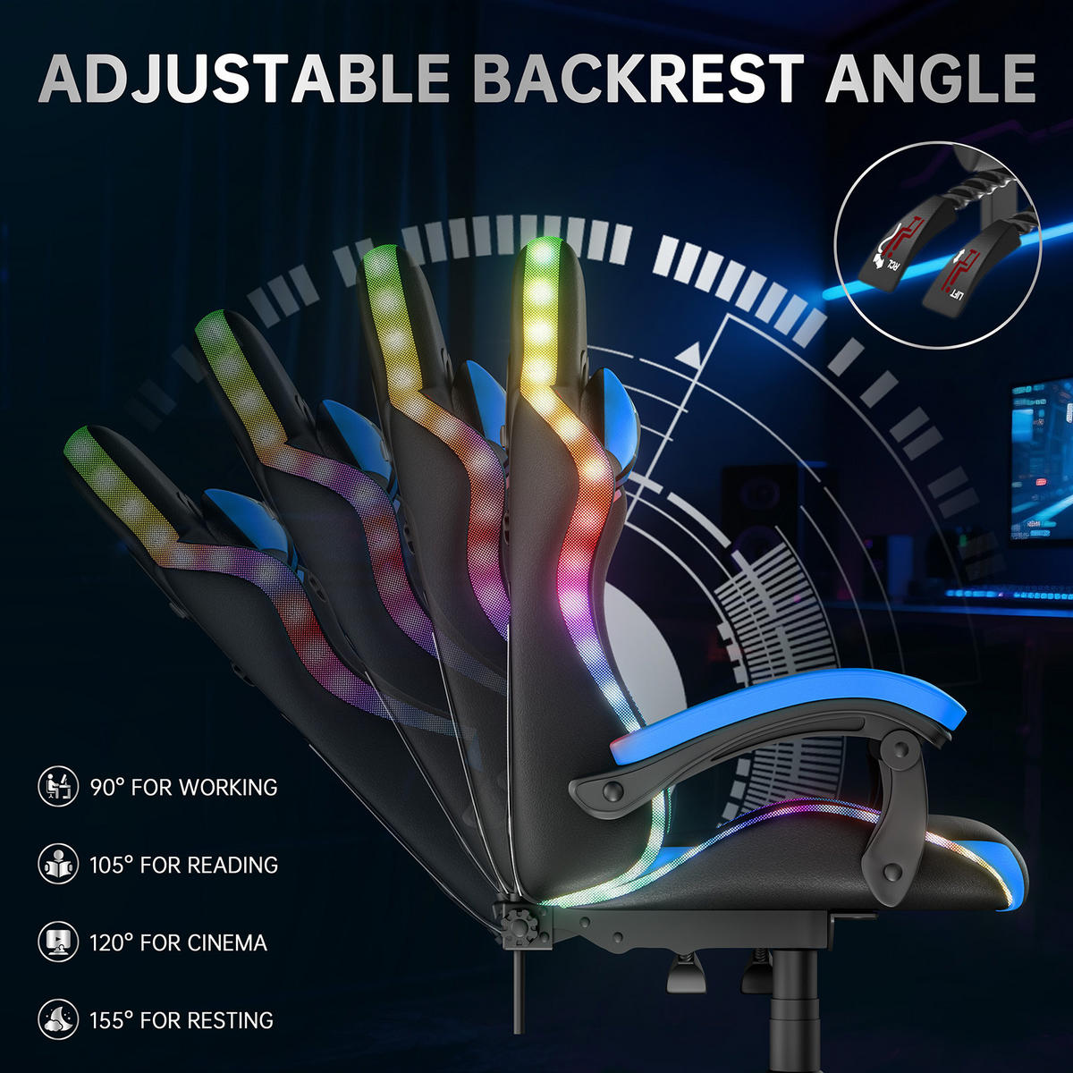 GAMINGSTUHL Schwarz-Blau,mit Led,Leder, Metall - Blau, Leder (29/59/79cm) - Rattrix