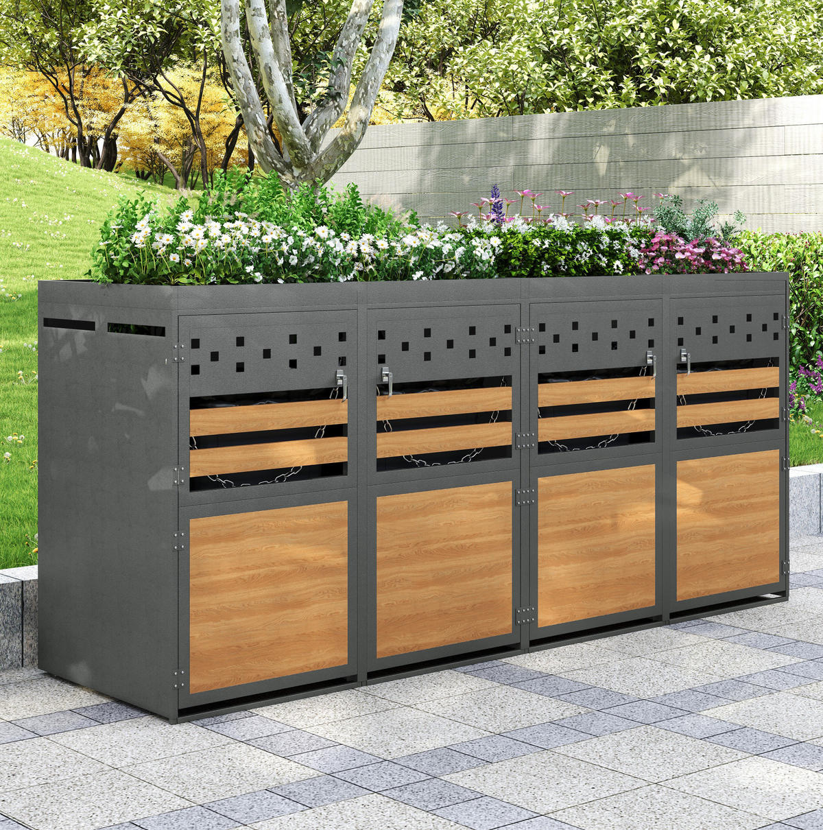MÜLLTONNENBOX aus Metall in Grau Natur mit Pflanzendach - Grau, Metall (264/125/80cm) - Modfu