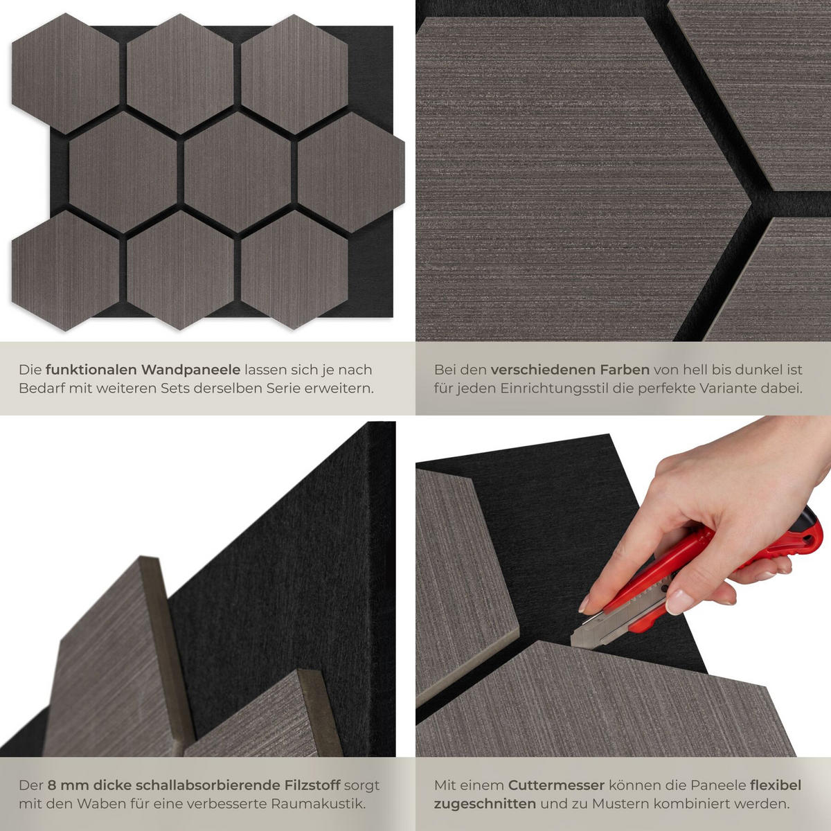 AKUSTIKPANEELE Sonic Shield, je 76 x 62 x 1,8 cm, Größe flexibel anpassbar, Eiche grau - Grau/Silbereichenfarben, Holz (62/1.8/76cm) - tectake