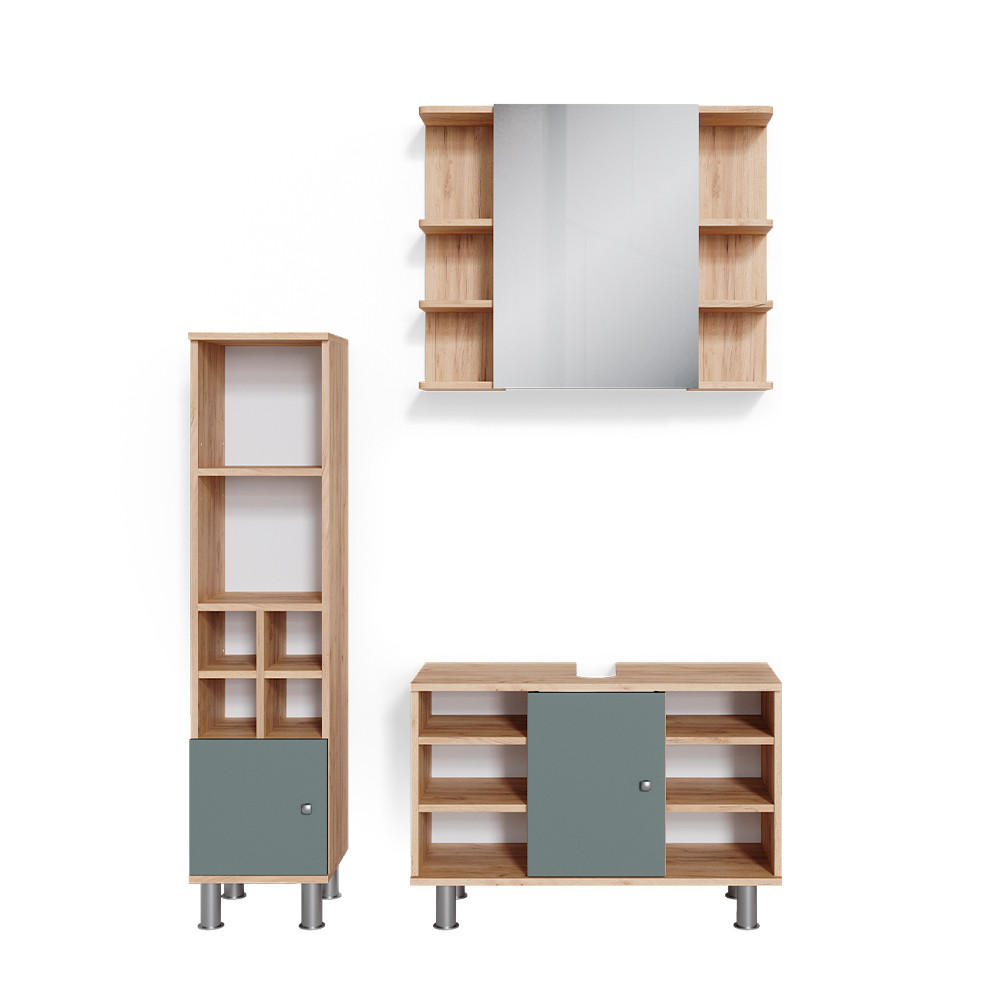 BADMÖBEL-SET Fynn Grün 3 Teile, mit Midischrank Tür klein - Eiche Wotan/Grün, Holzwerkstoff (60/54/32cm) - Vicco
