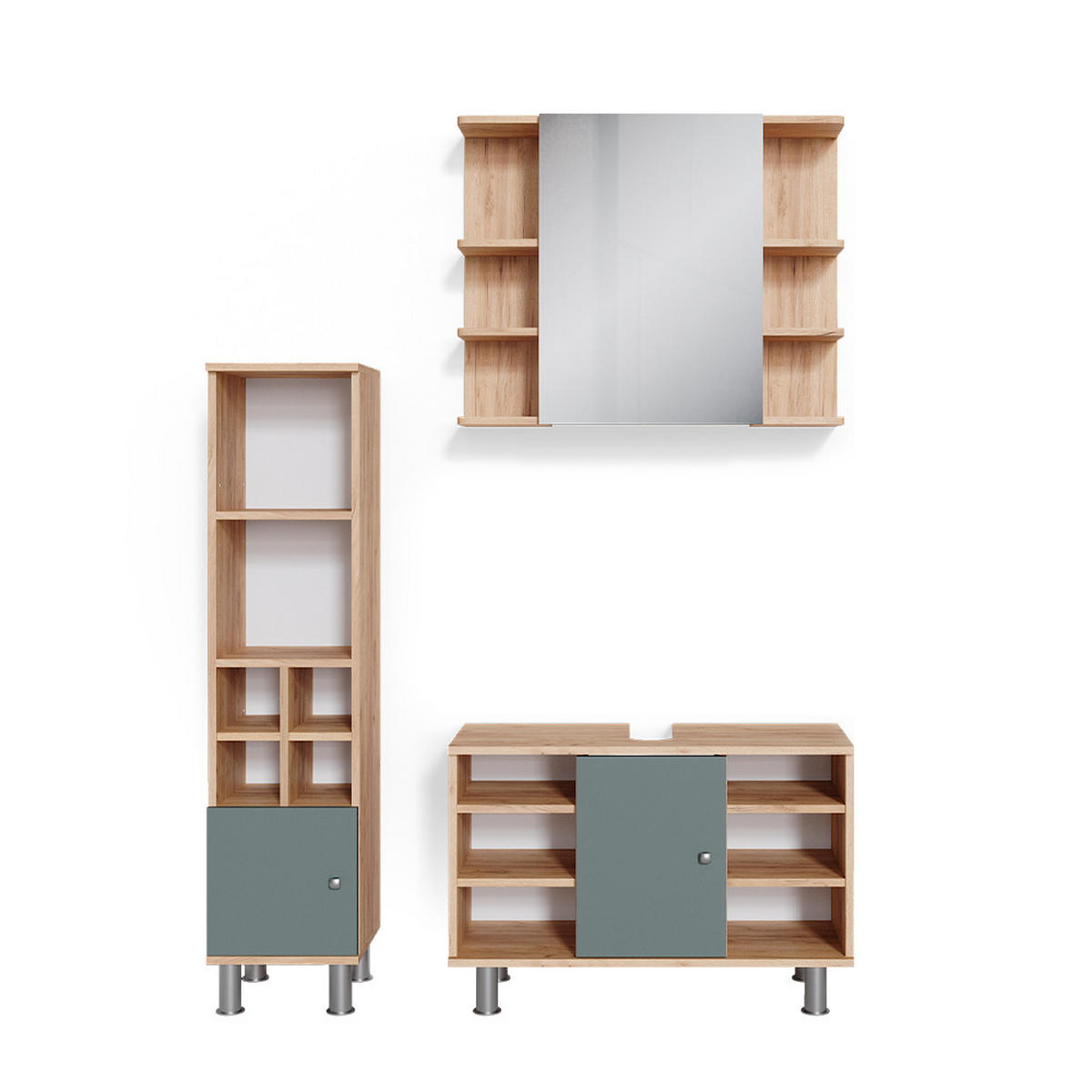 BADMÖBEL-SET Fynn Grün 3 Teile, mit Midischrank Tür klein - Honigeiche/Grün, Holzwerkstoff (60/54/32cm) - Vicco