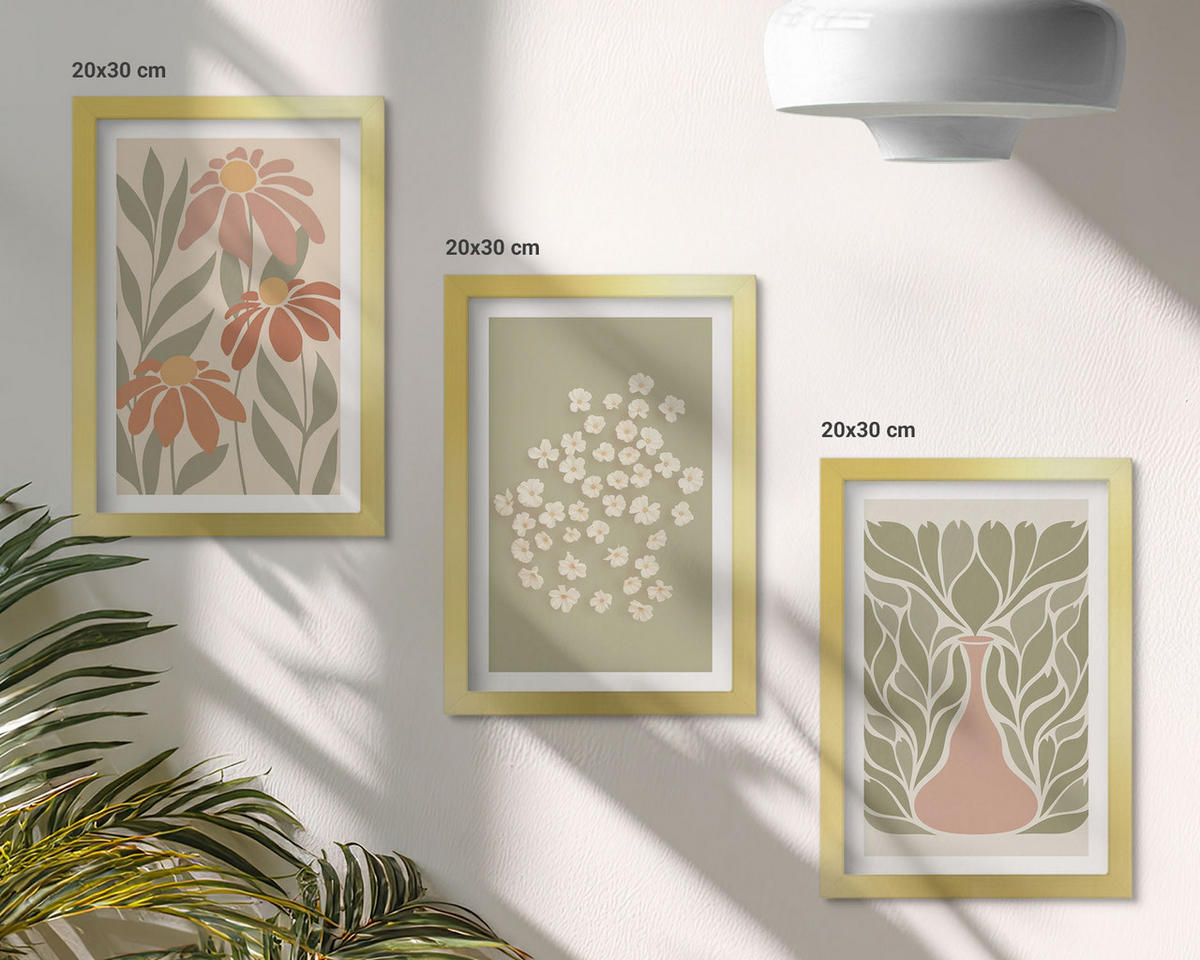 WANDBILDER 3er Set - 20x30 cm Goldrahmen - Florale Boho-Muster - Goldfarben, Kunststoff (20/30cm) - ArtPrintCave