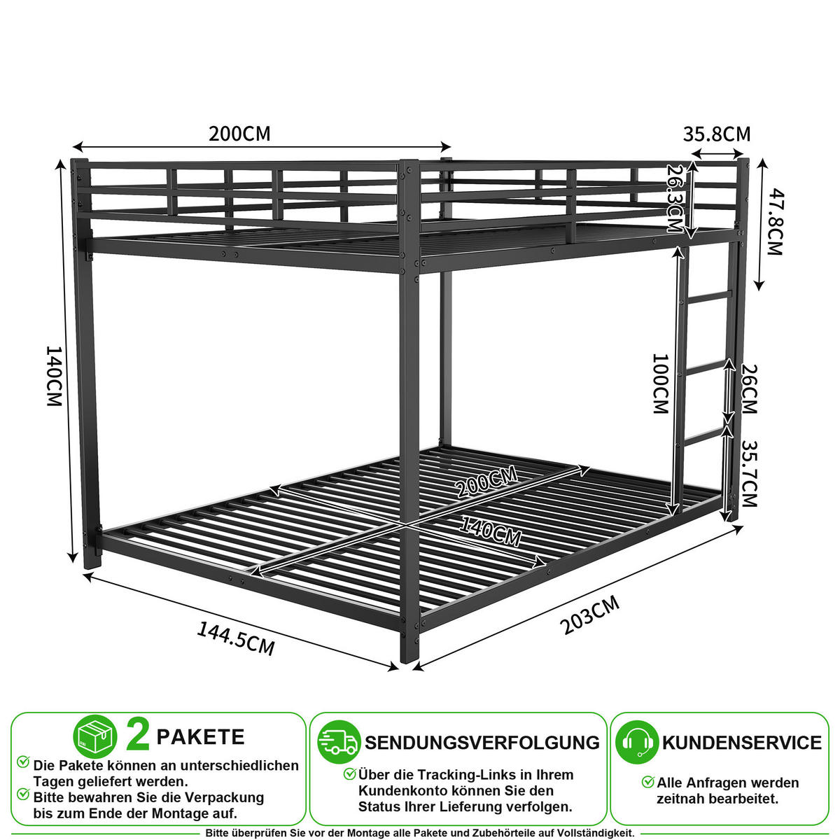 ETAGENBETT 140/200 cm & 140/200 cm in Schwarz mit Sicherheitsleisten - Schwarz, Metall (140/200cm) - CHICFURN