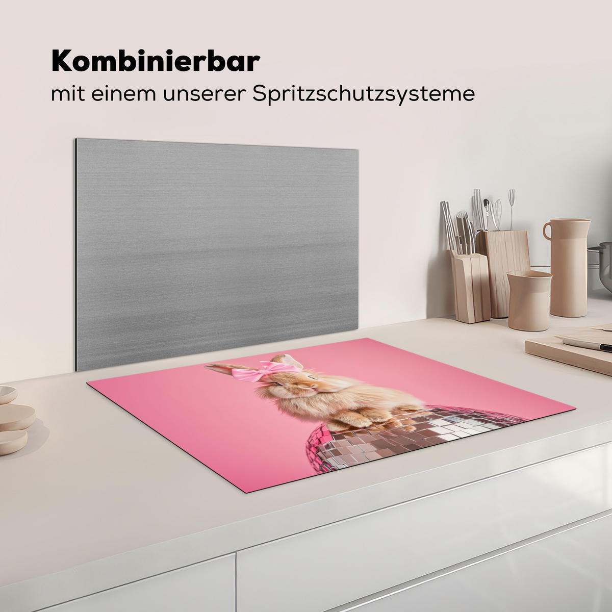 HERDABDECKPLATTE Schleife - Discoball - Kaninchen Herdabdeckung Induktionsfeld 70x52 cm - Pink, Kunststoff (70/52/0.2cm) - MuchoWow