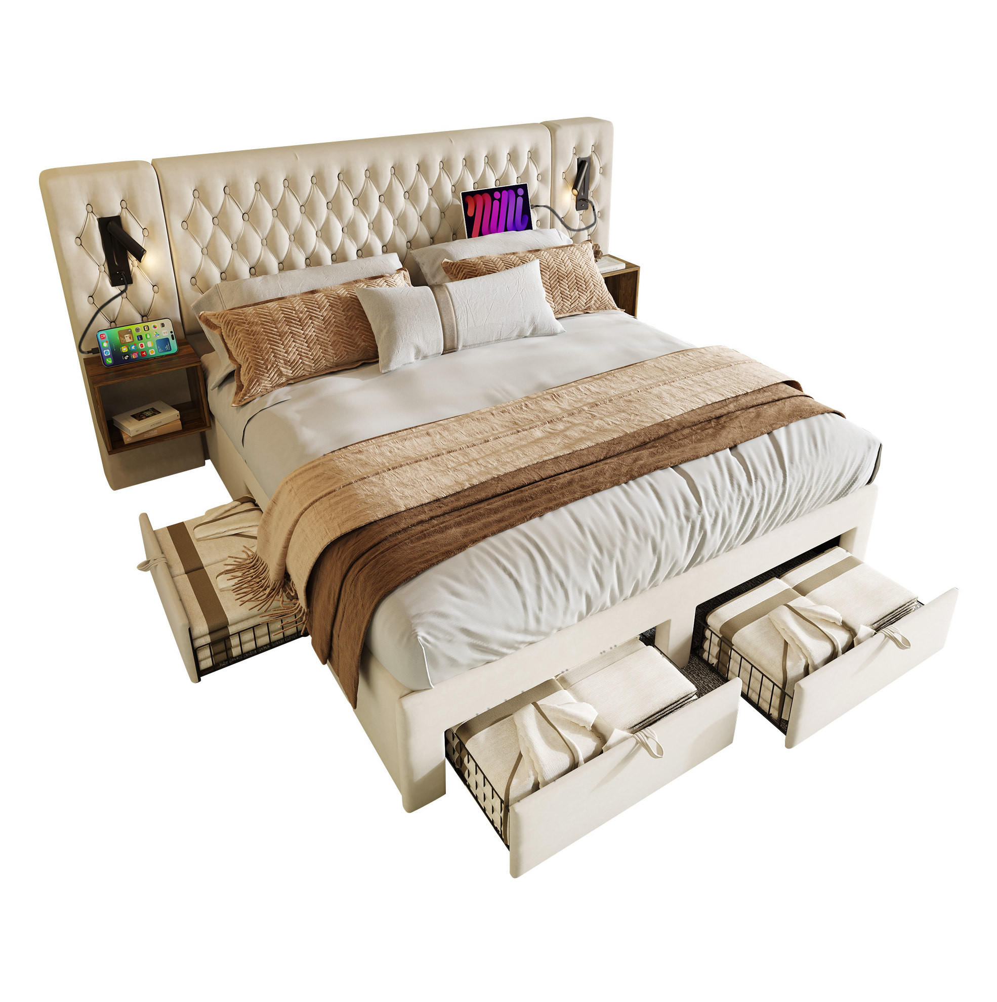 POLSTERBETT 160/200 cm mit 2 Nachttischen, 4 Schubladen, Leselicht, USB und Type-C,und Matratze, Beige - Beige, Textil (160/200cm) - Redom
